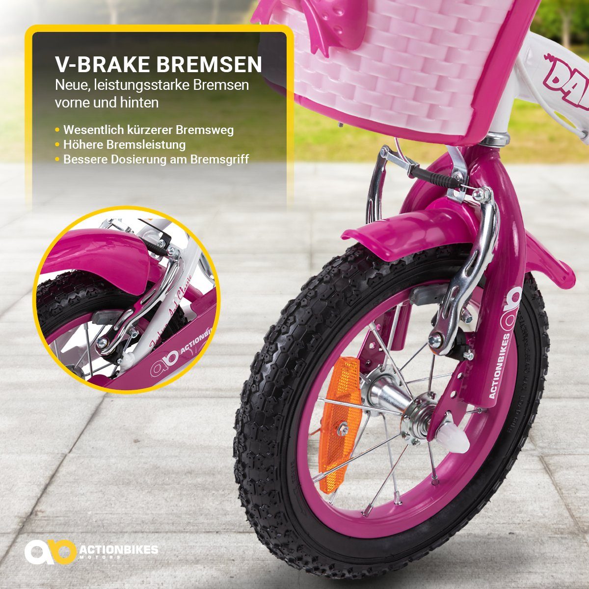Actionbikes Motors Kinderfahrrad Kinder Mädchen Fahrrad Daisy inkl. Korb, 1 Gang, ohne Schaltung, (12 Zoll, ab 95 cm Körpergröße, max. Zuladung 35 kg, Trinkflasche inkl. Halterung, abnehmbare Stützräder, Klingel, Reflektoren, Antirutschgriffe, Lenker