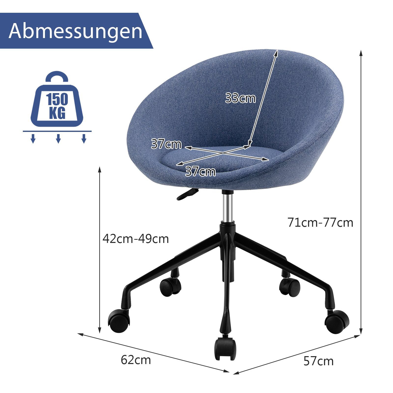 COSTWAY Polsterstuhl, höhenverstellbar 71-77cm, drehbar, 150 kg