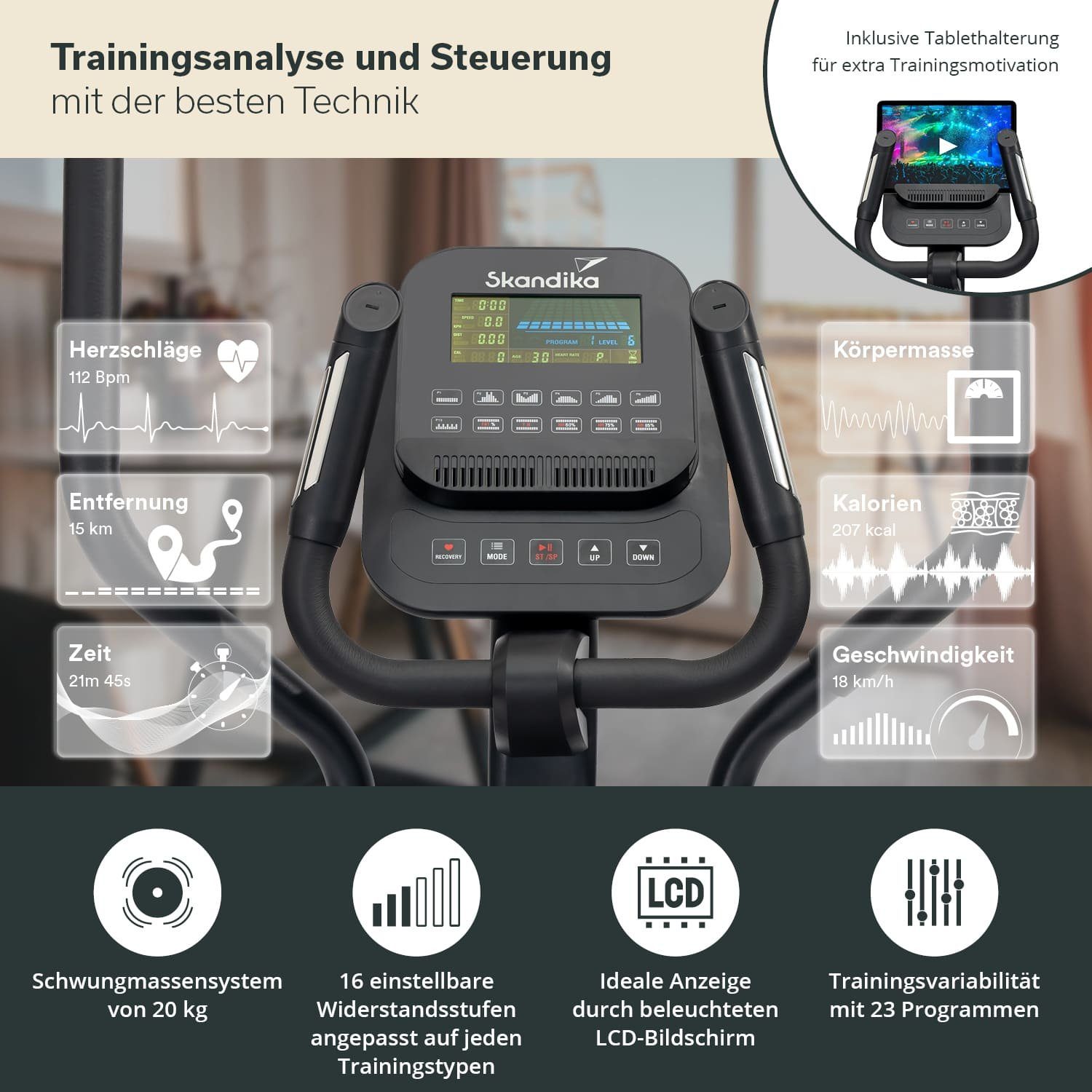 Skandika Crosstrainer Carbon P20-R, Ellipsentrainer für Zuhause, 23 Programme, App kompatibel, bis 135 kg