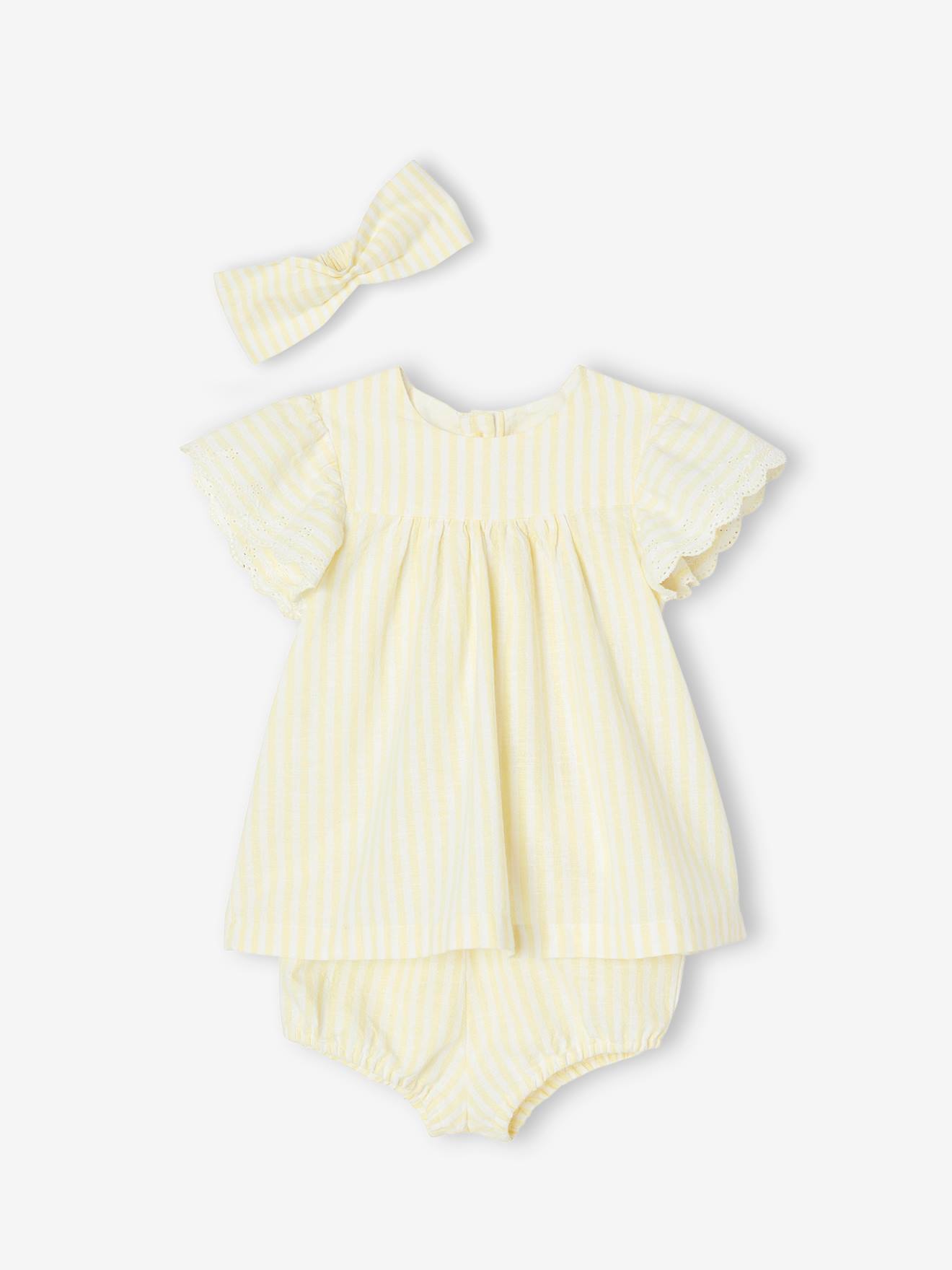 Ensemble 3 pièces Bébé : robe + bloomer + bandeau jaune pastel