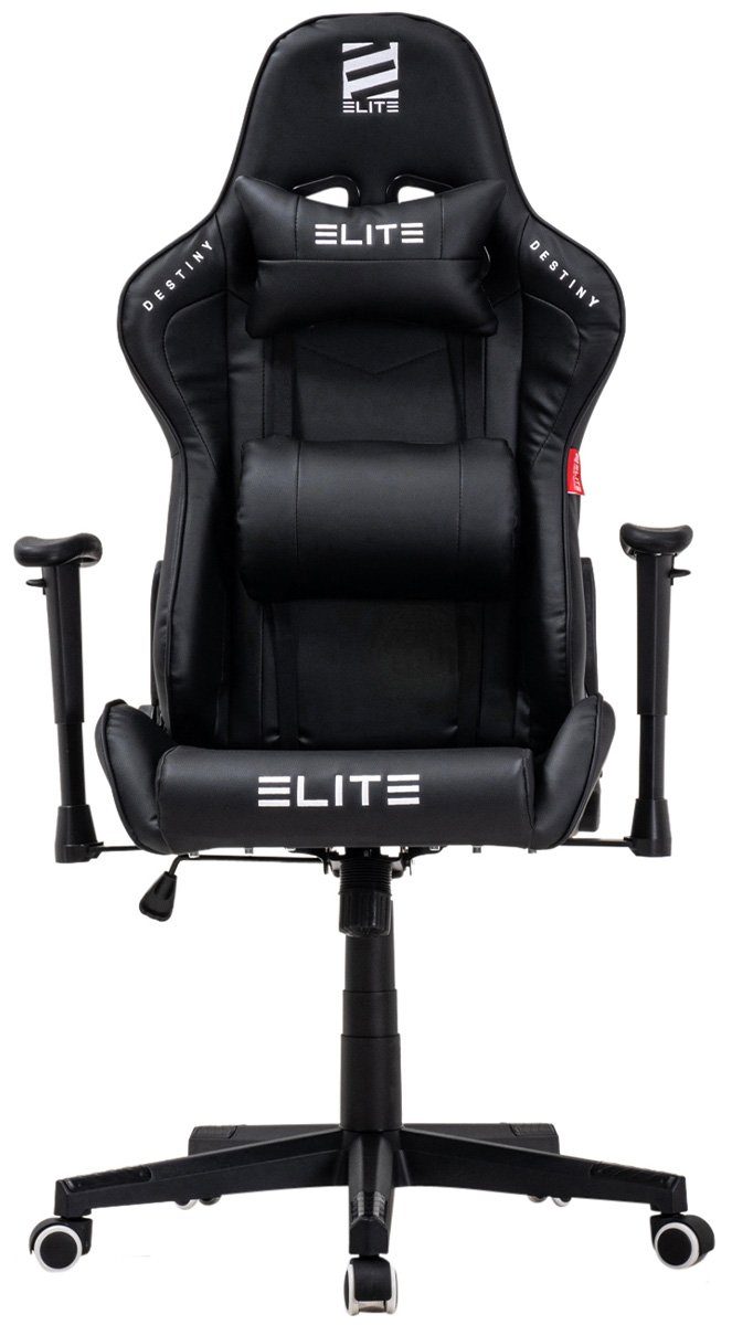 ELITE Gaming Gaming-Stuhl Ergonomischer Bürostuhl Destiny inkl. Rücken- & Nackenkissen (Drehstuhl mit 2D-Armstützen, verriegelbare Wippmechanik, mechanische Härtegradeinstellung, verstellbare Sitzhöhe, 90° klappbare Rückenlehne, Sicherheits-Doppelrol