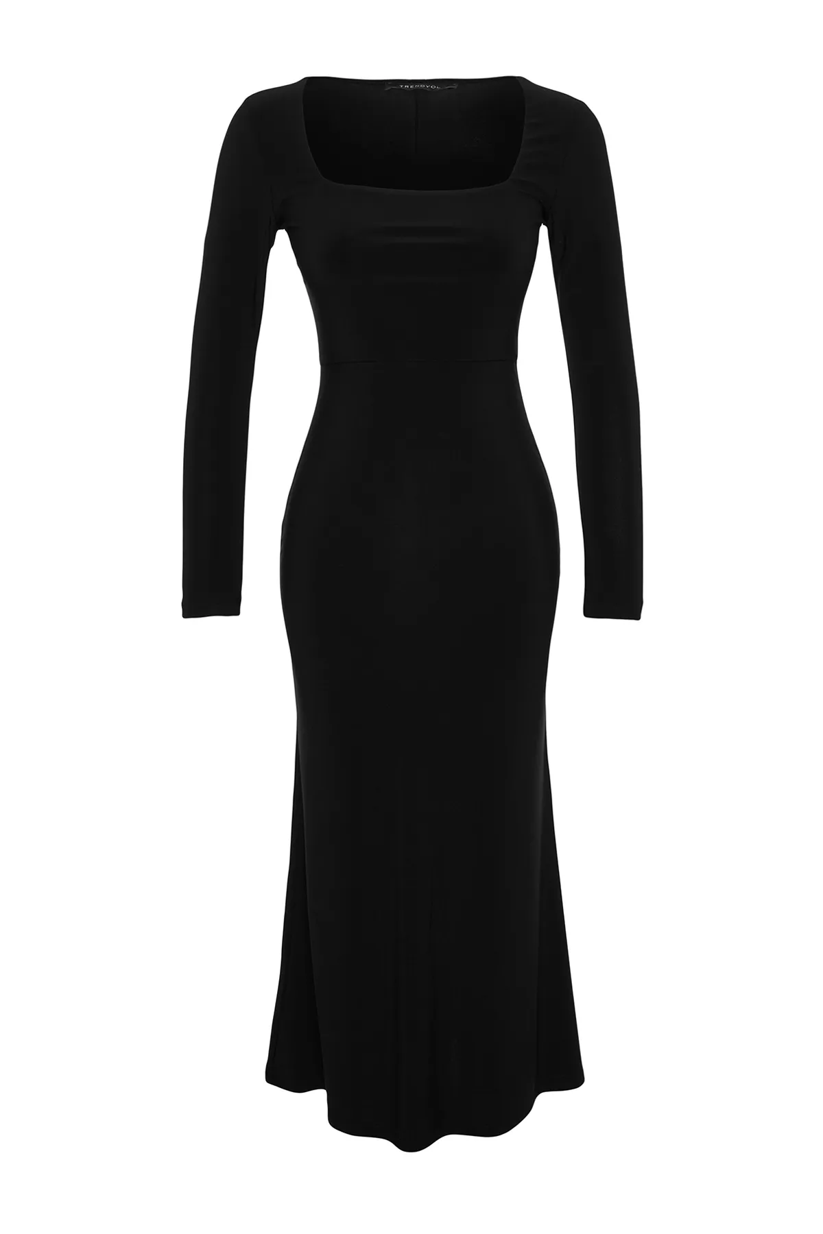 Trendyol Collection  Schwarzes, figurbetontes Maxi-Strickkleid mit Volants und quadratischem Ausschnitt TWOAW24EL00613