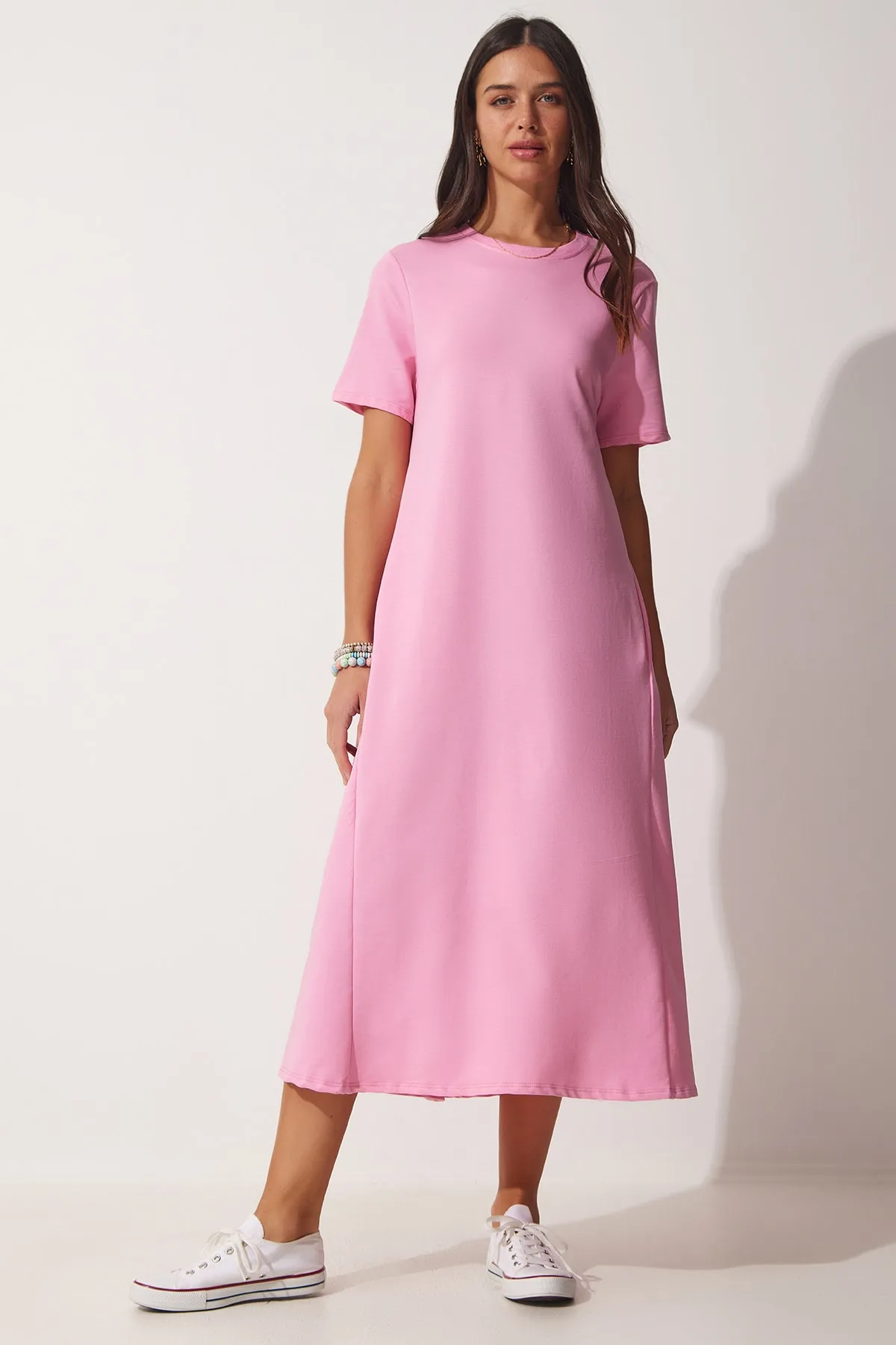 Happiness İstanbul  Rosafarbenes A-Linien-Sommerkleid aus gekämmter Baumwolle für Damen UB00060