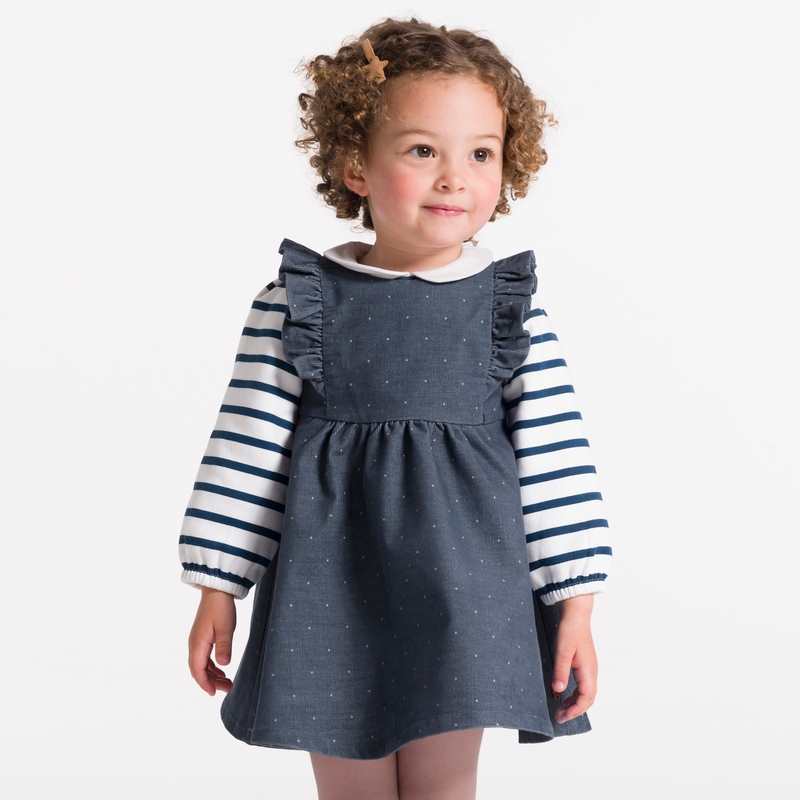 Robe à pois en velours côtelé bleue bébé fille