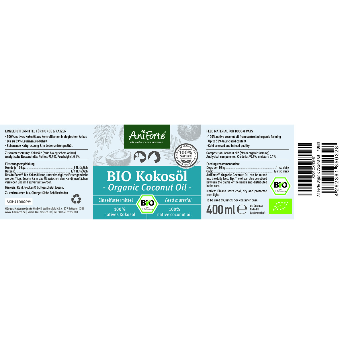Aniforte Ergänzungsfutter & Aufzucht Aniforte Bio Kokosöl 400 ml