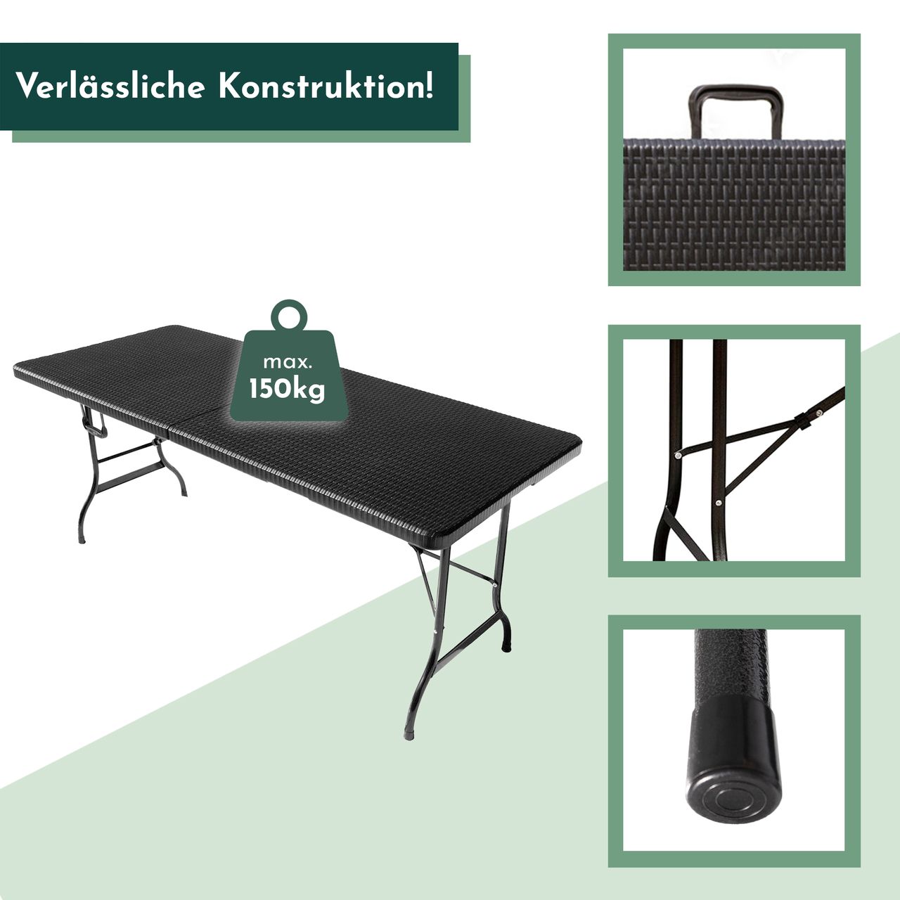 Lemodo Gartentisch in Rattan Optik, Klapptisch 180 x 75 cm, Buffettisch bis 150 kg belastbar