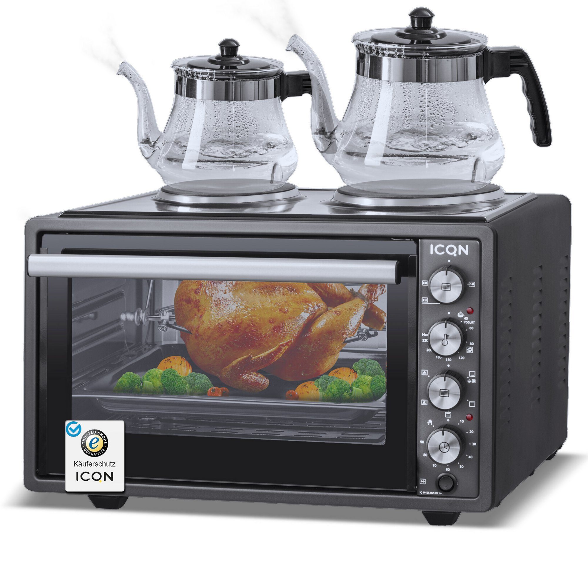 ICQN Minibackofen mit Kochplatten, 3800 W, inkl. Backblech Set, Emailliert, Umluft, Pizza-Ofen, Doppelverglasung, Drehspieß, Mini Ofen, 40°-230°C