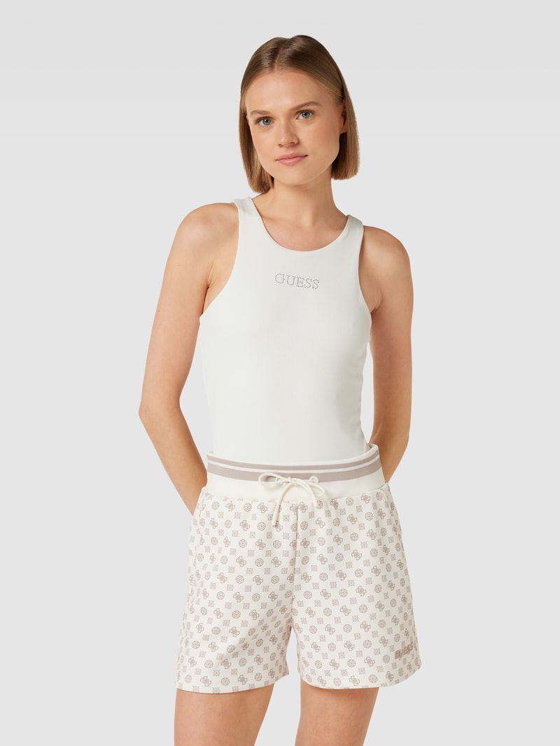Body mit Label-Print aus Strasssteinbesatz Modell 'GUENDALINA' in offwhite