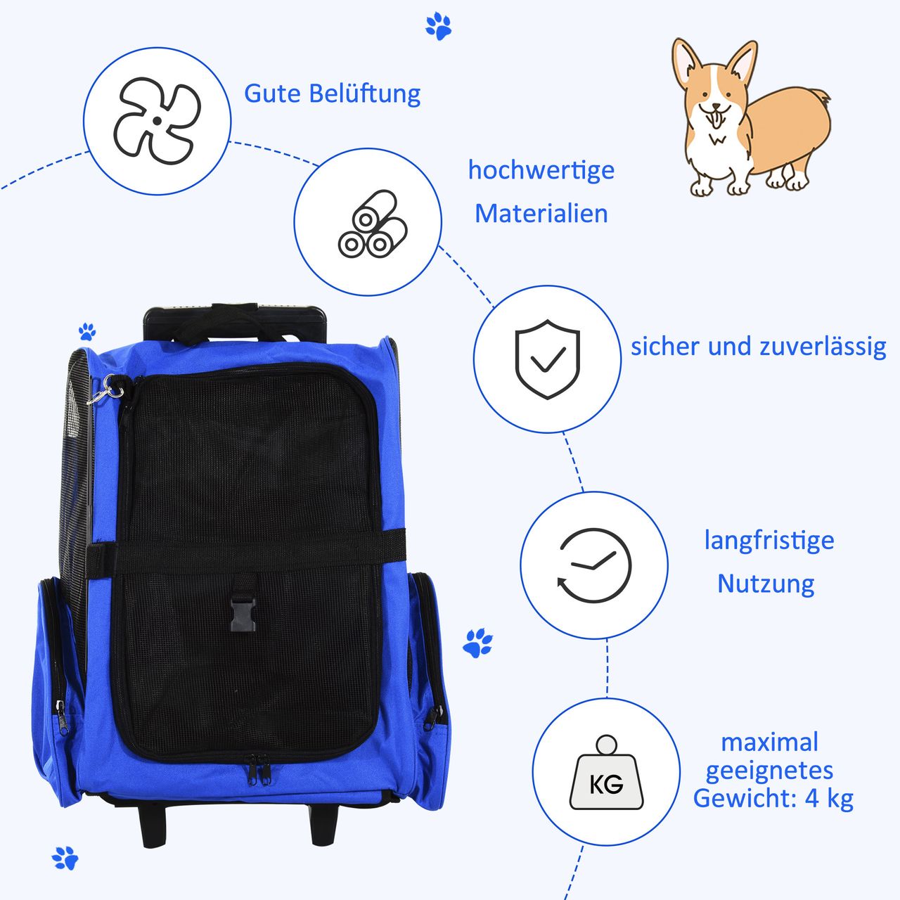 PawHut Hundetrolley Transporttasche Tragetasche 2-in-1 Haustierrucksack Blau