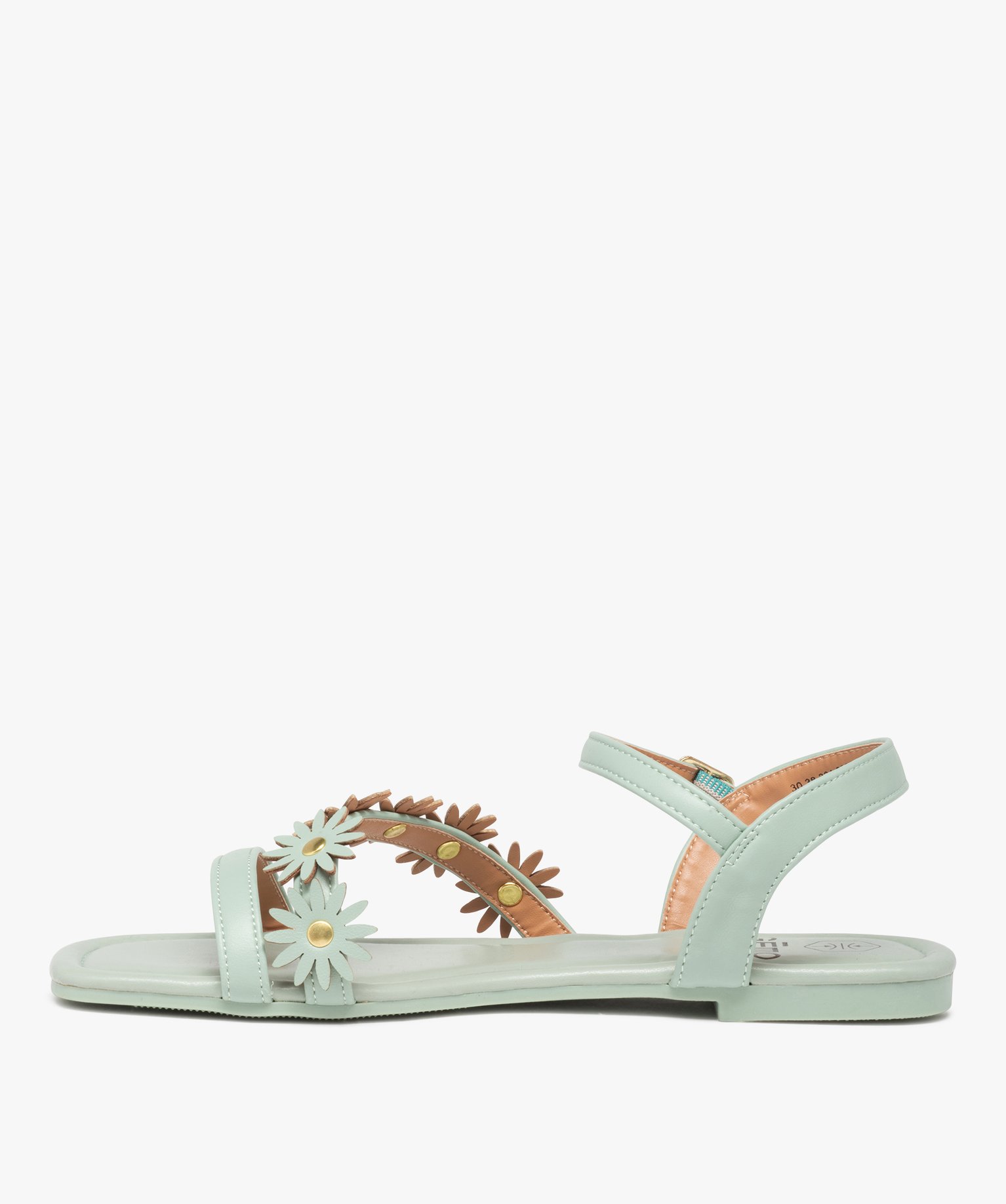 Sandales femme unies à talon plat et fleurs en relief vert clair | GEMO