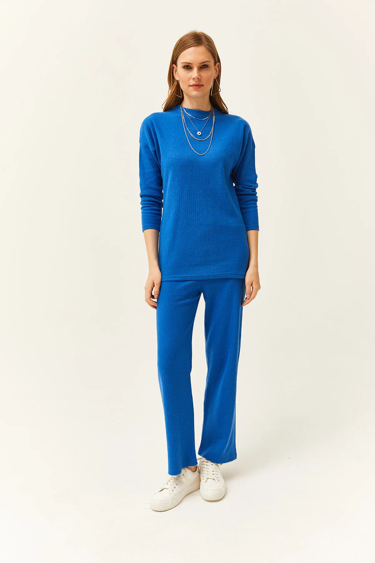Olalook  Damen Saks Blau Unterteil Top Erhöhtes Geripptes Dickes Team TKM-19000242