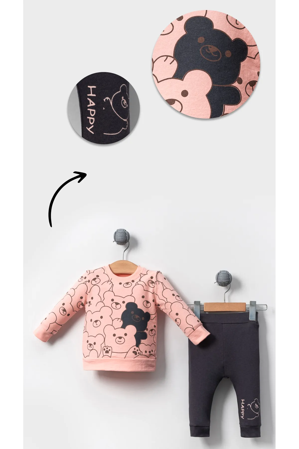 Bubito  Happy Bears gemustertes Baby-Unterteil und -Oberteil aus Baumwolle im Set – Rosa