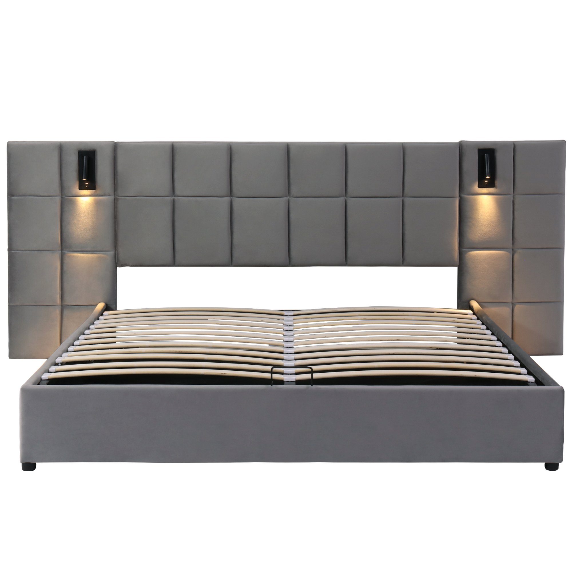 Flieks Polsterbett, Stauraumbett Leselicht & USB-Anschluss 160x200cm Samt ohne Nachttisch