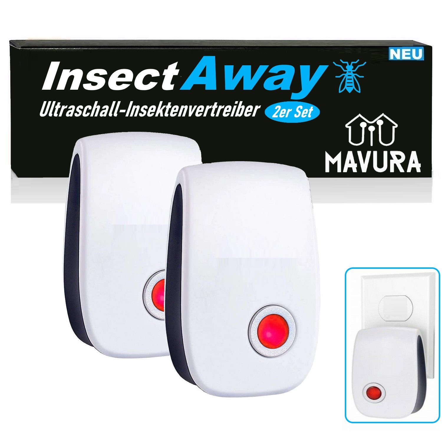 MAVURA Ultraschall-Tierabwehr InsectAway Ultraschall Insektenvertreiber Insektenstecker, Mückenstecker Insektenschutz Insekten Vertreiber Anti Mäuse, Mäuseabwehr Spinnen Mücken Fliegen Ratten Kakerlaken Schutz [2er]