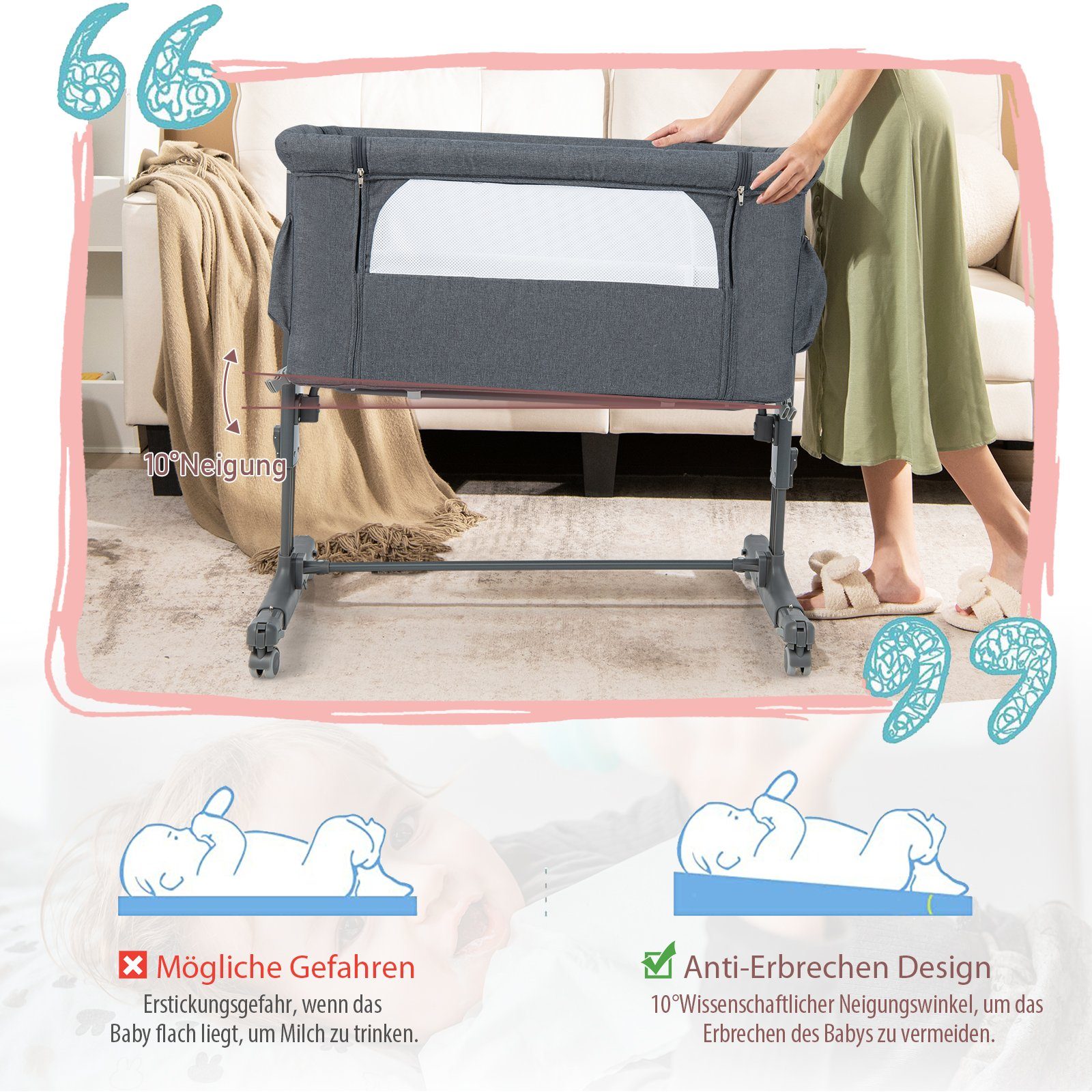 COSTWAY Beistellbett 3 in 1 Reisebett, 5-stufig höhenverstellbar,Matratze
