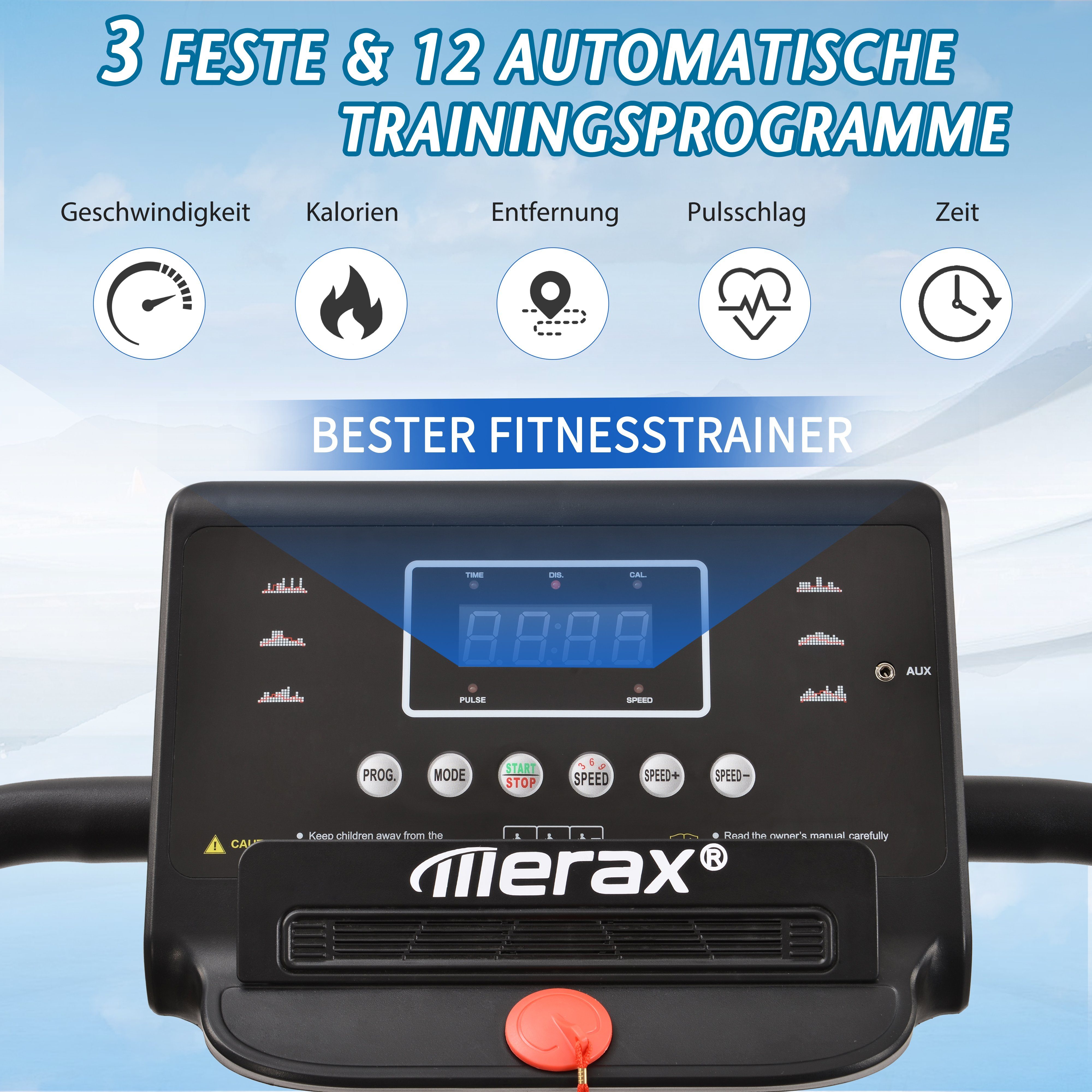 Merax Laufband, klappbar mit LED Display, 3 Neigung, 12 Programme, 1-12 KM/H