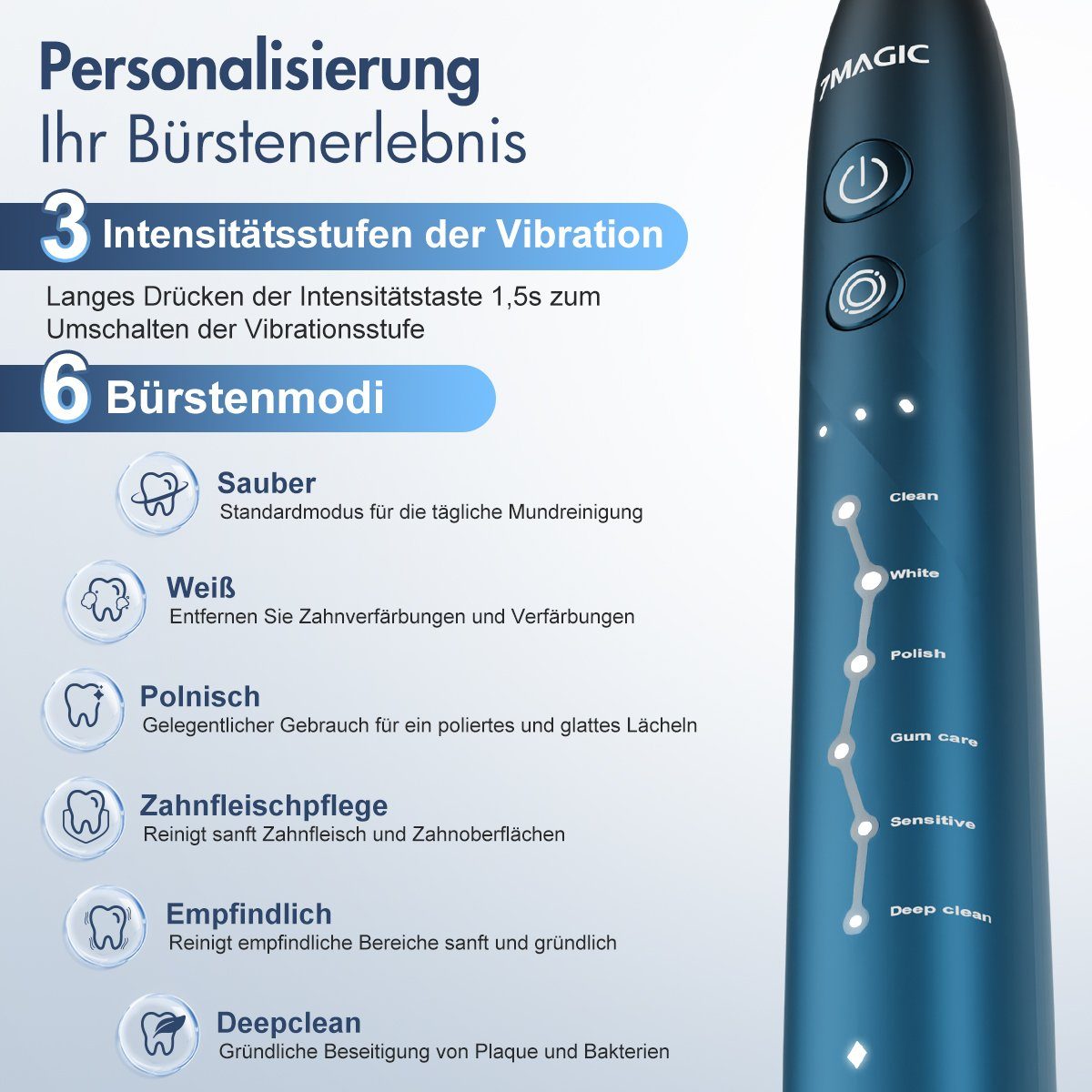 7Magic Schallzahnbürste Elektrische Zahnbürste mit 40000VPM Schalltechnologie UIltraschall, Aufsteckbürsten: 6 St., mit Reiseetui, Zahnbürstenhalter, 6 Zahnputz-Modi, 6 Zahnbürstenköpfen, Putzdauer-Erinnerung