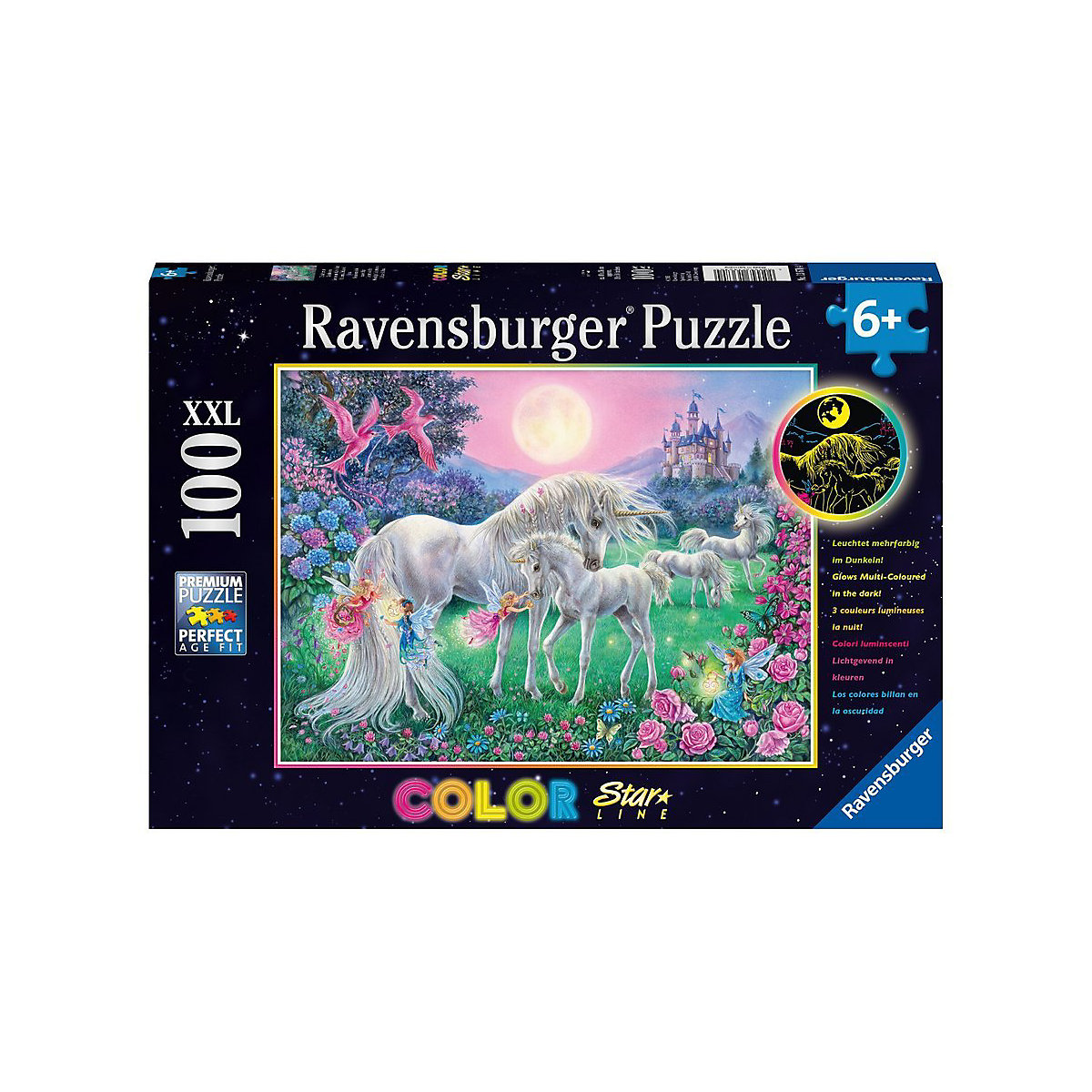 Puzzle Color Star Line, 100 Teile, 49x36 cm, mit Leuchtfarbe, Einhörner im Mondschein