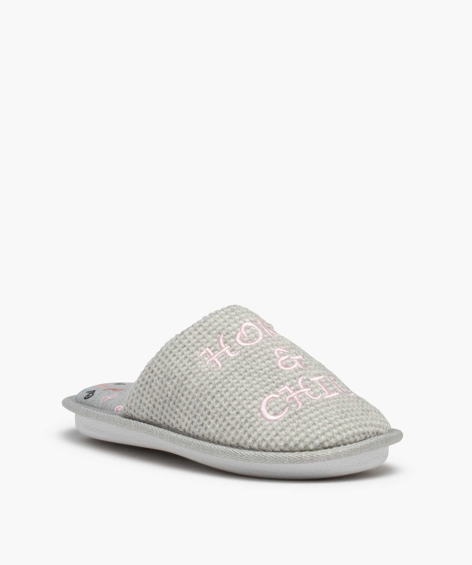 Chaussons femme mules plates brodées Home & Chill gris | GEMO