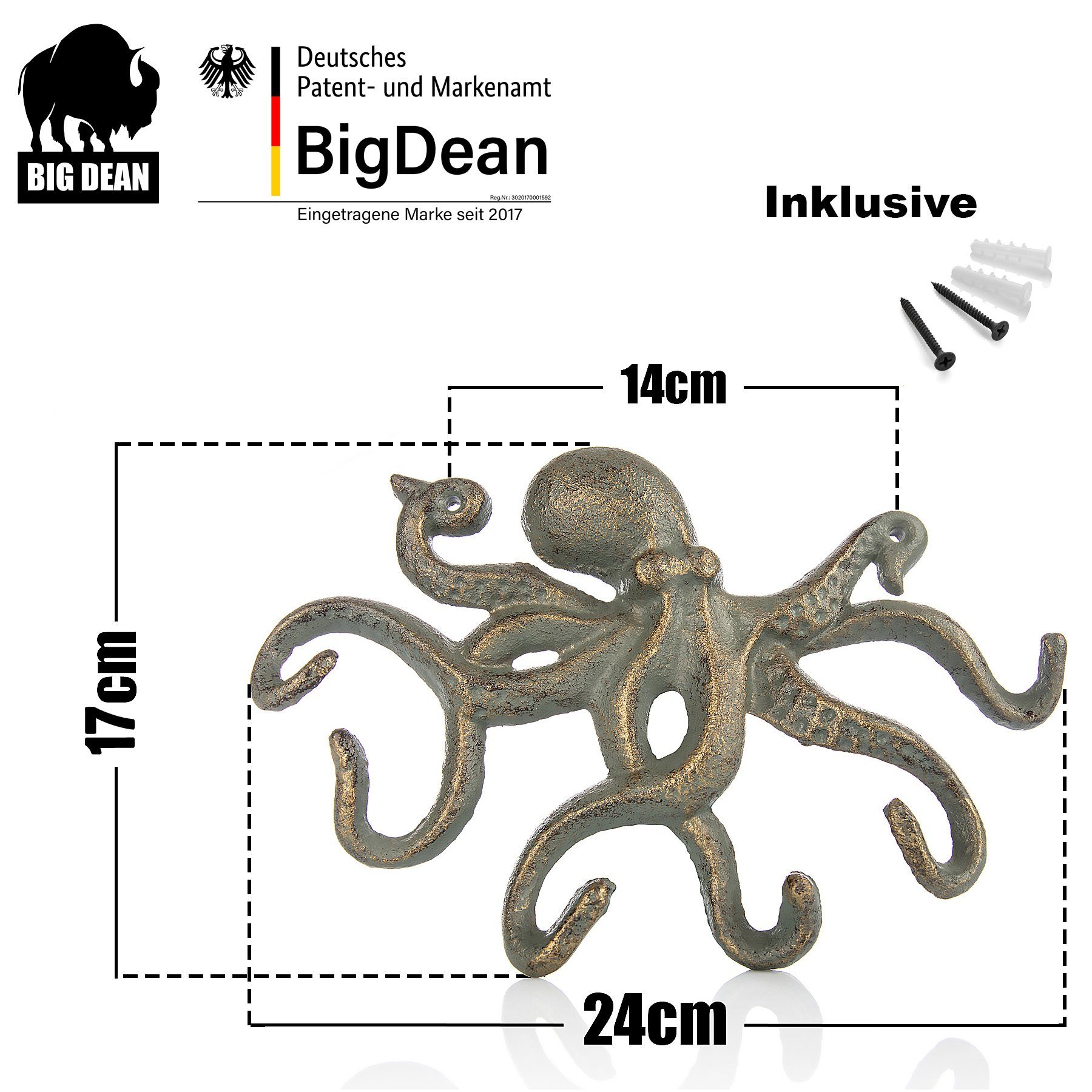 BigDean Schlüsselbrett Oktopus Design Schlüsselhaken Krake Altgol