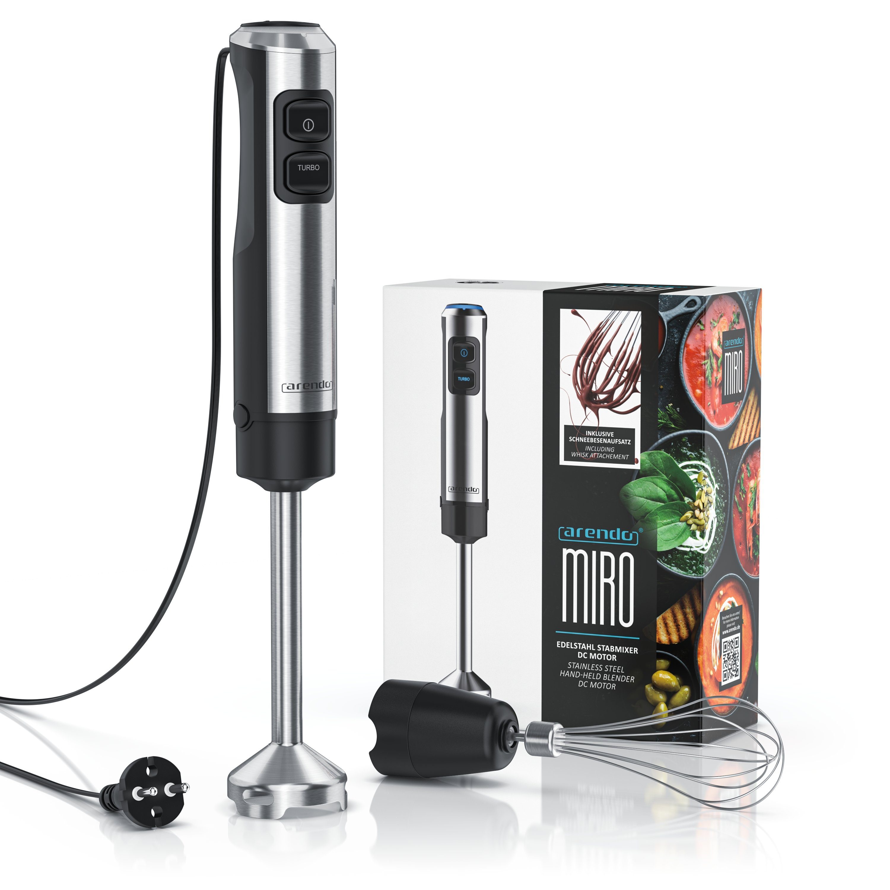 Arendo Stabmixer, 1200 W, Edelstahl, mit Schneebesenaufsatz, Pürierstab mit abnehmbarem Mixfuß