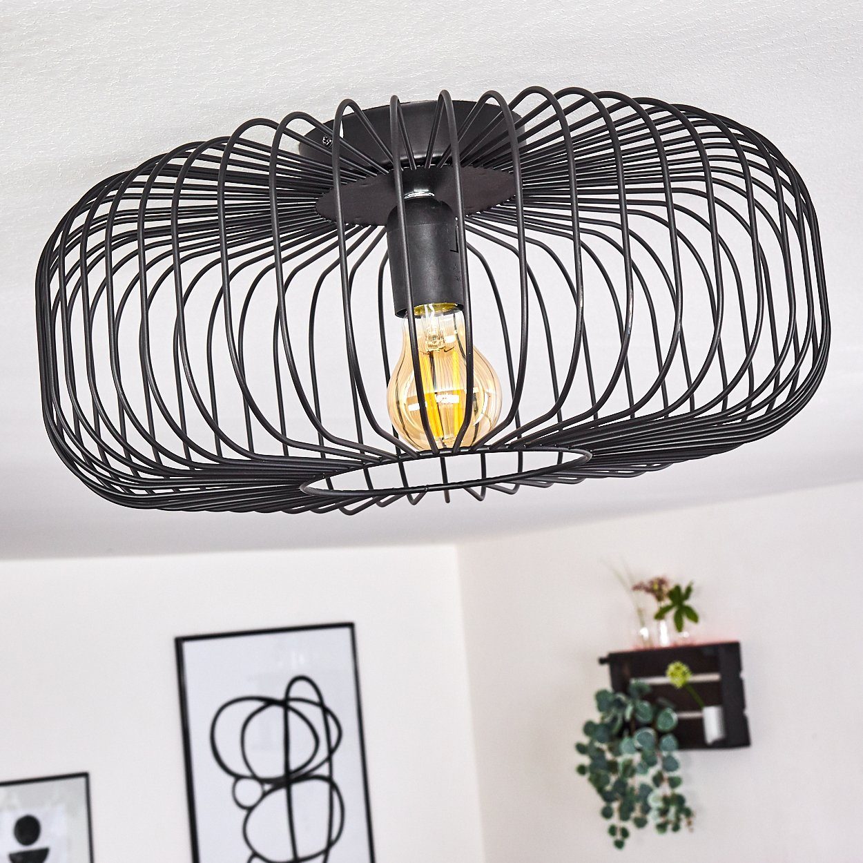 hofstein Deckenleuchte Pieris runde Deckenlampe aus Metall in Schwarz, ohne Leuchtmittel, E27, Retro-Leuchte mit Lichteffekt durch Gitter-Optik
