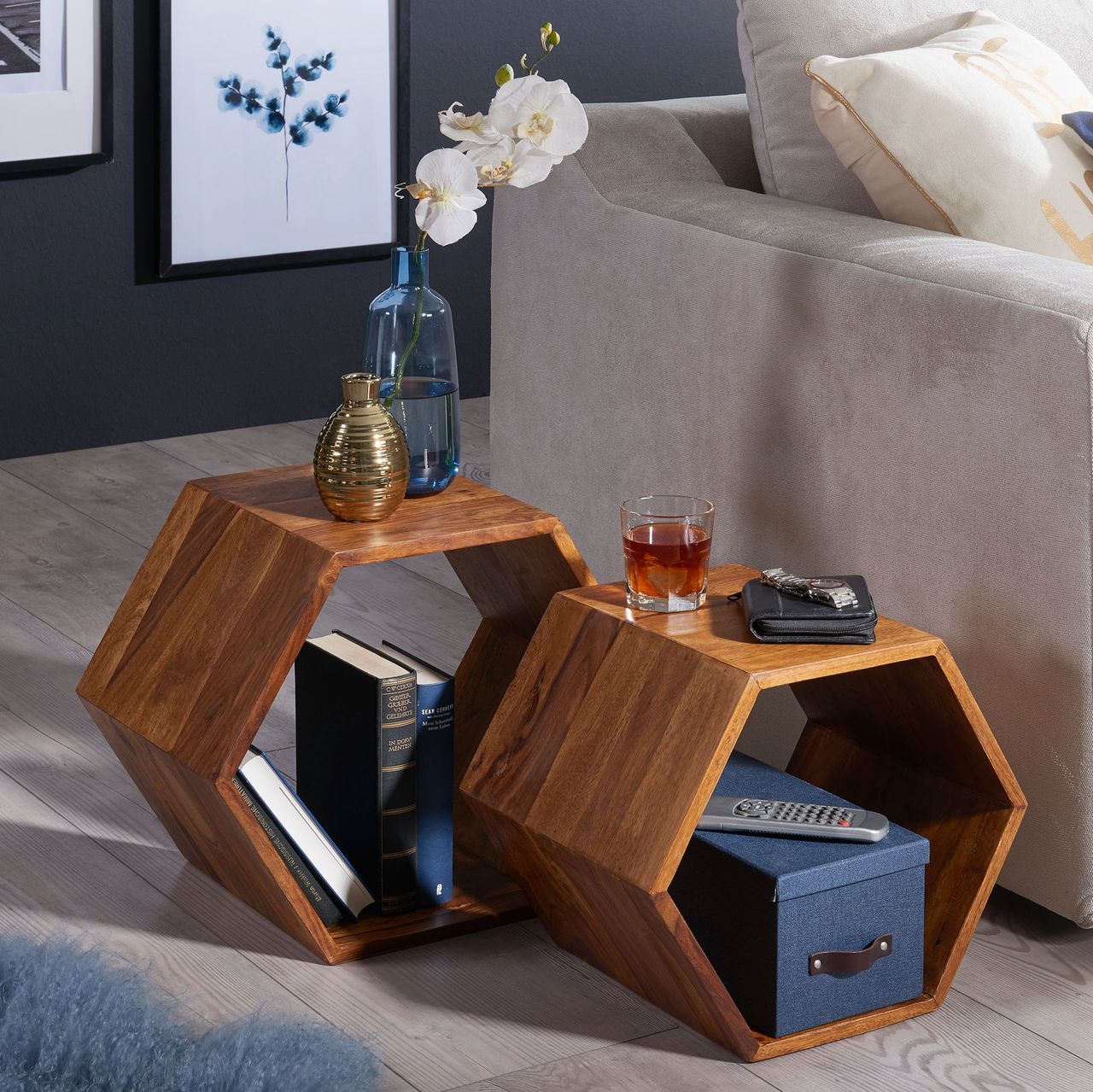 Wohnling 2er Set Beistelltisch 46 x 40 x 30 cm Sheesham