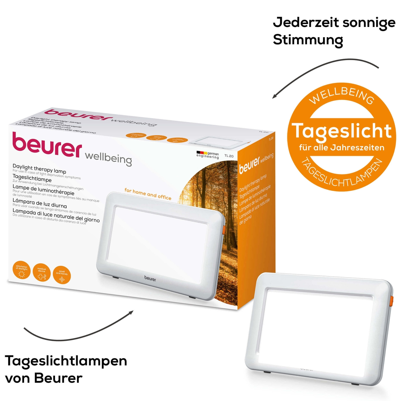 Beurer Tageslichtlampe TL 20-Kompakte Tageslichtlampe horizontal & vertikal anwendbar mit variablem Standfuß