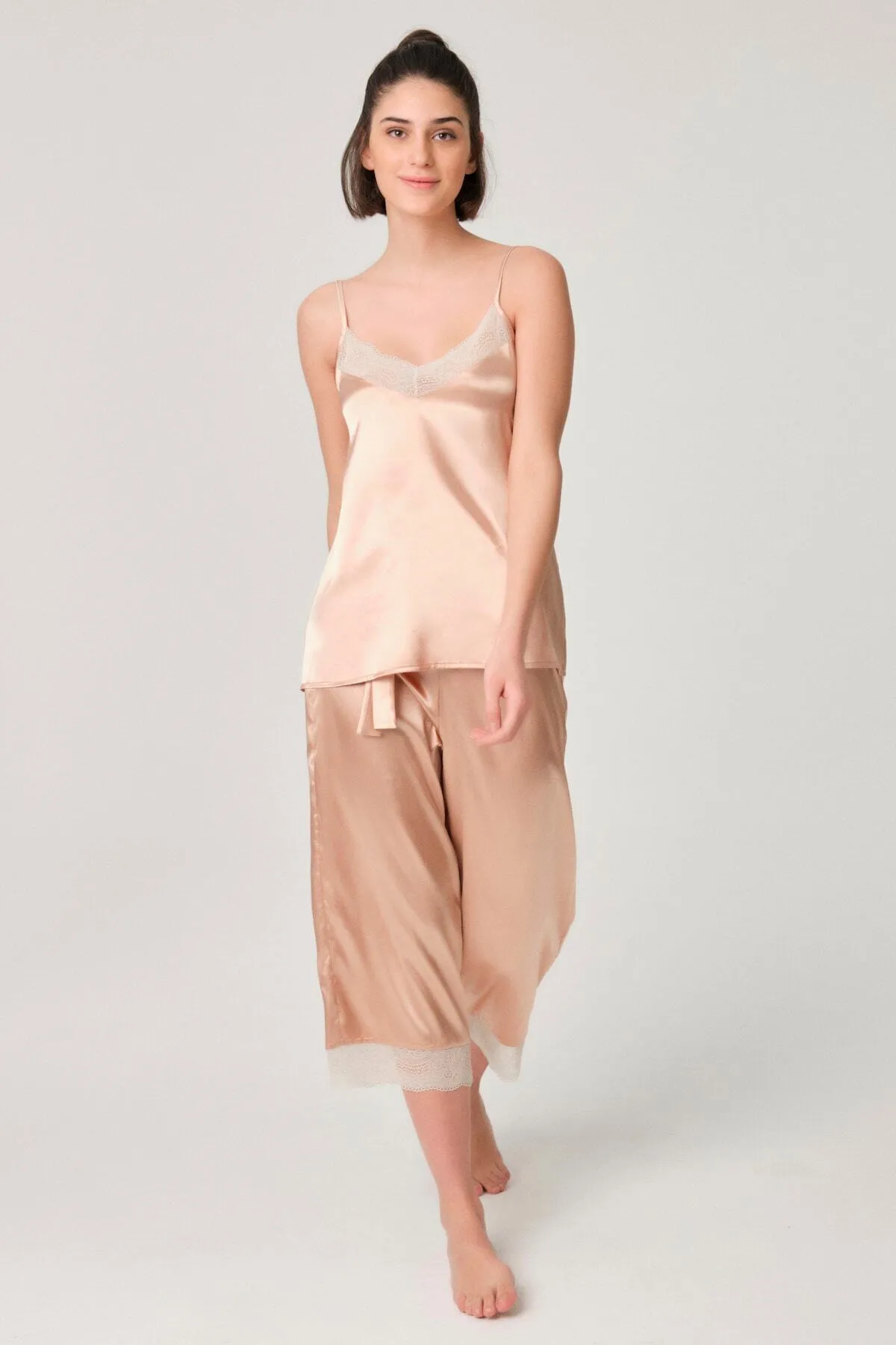 Dagi  Puderfarbenes Trägertop aus Satin für Damen mit Spitzendetail