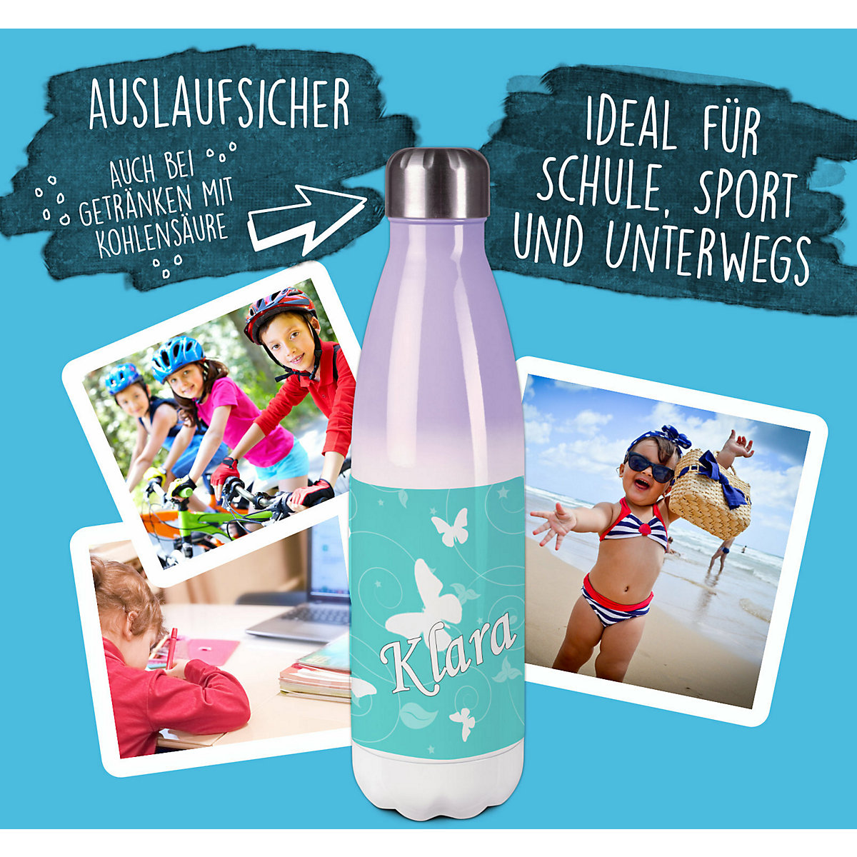 Edelstahl Kinder Thermoflasche / Trinkflasche bunt Schmetterling Ornamente Farbe türkis Spülmaschinenfest, Auslaufsicher, Bruchfest, Doppelwandig, Für Heißgetränke geeignet, Mit Deckel, Isoliert