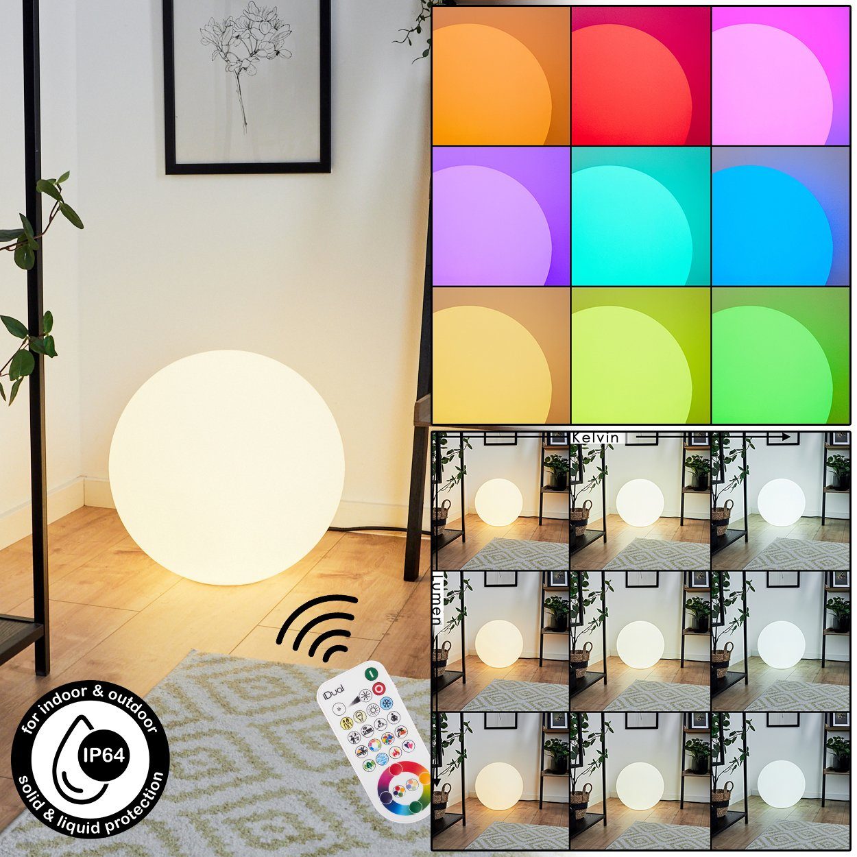 hofstein Stehlampe Turrida Kugelleuchte aus Metall/Kunststoff in Nickel-matt/Weiß, 6500 Kelvin, RGB Farbwechsler, dimmbar/ änderbar mit Fernbedienung, LED, 1055 Lumen