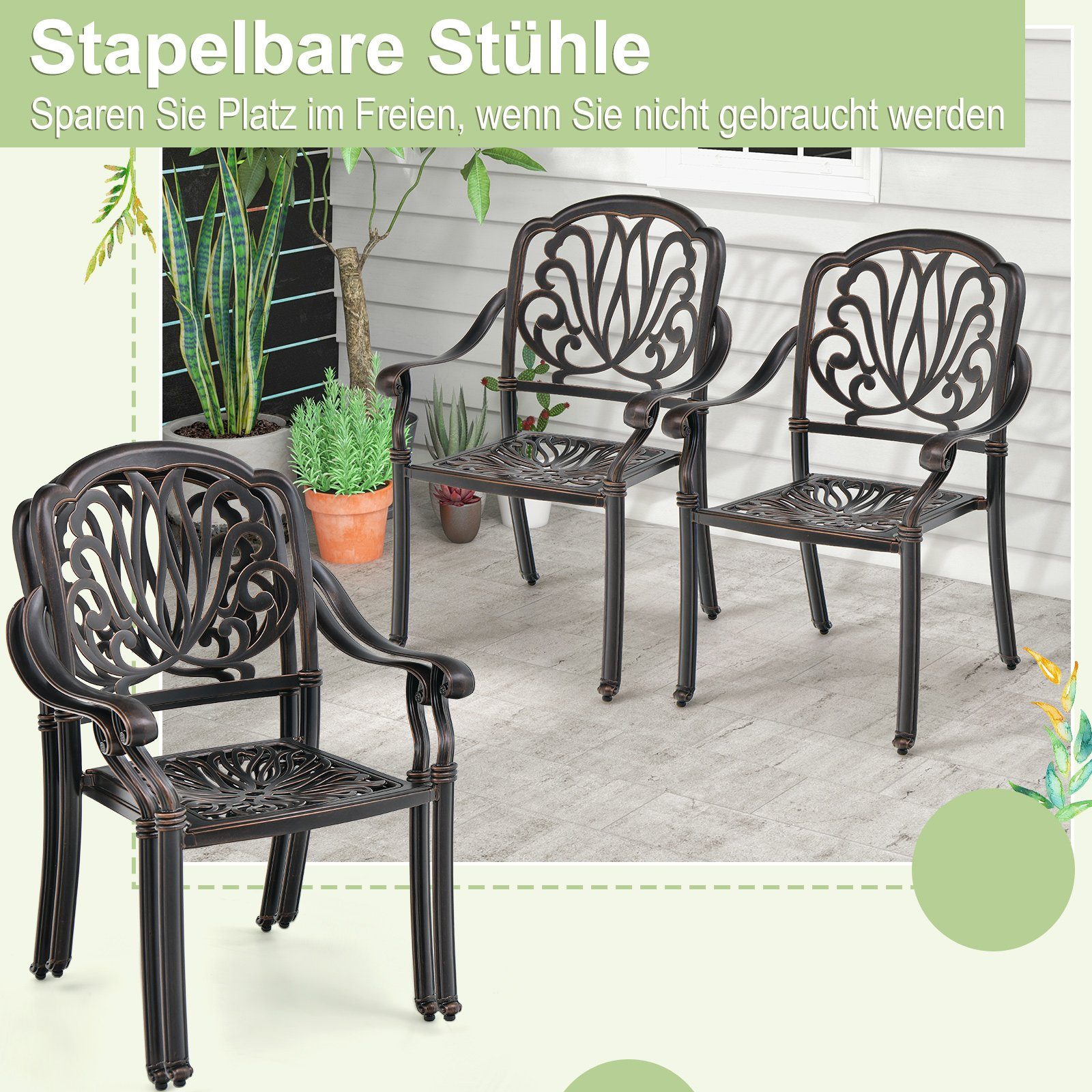 COSTWAY Gartenstuhl 2er Set Stapelstühle, mit Armlehnen
