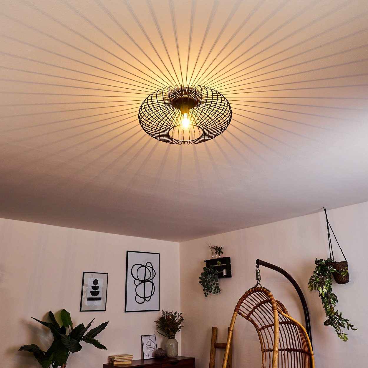 hofstein Deckenleuchte Pieris Deckenlampe aus Metall in Schwarz, ohne Leuchtmittel, E27, Leuchte m. Gitter u. Lichteffekt an der Decke