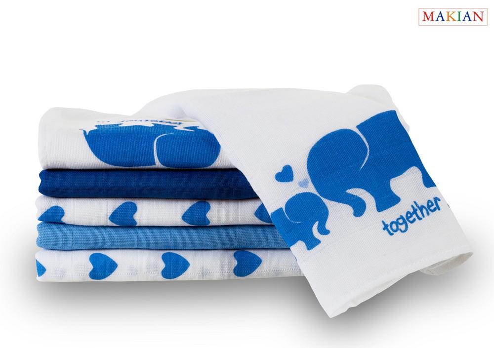Makian Mullwindeln, 6er Set, Design Elefant/blau, 80x80cm