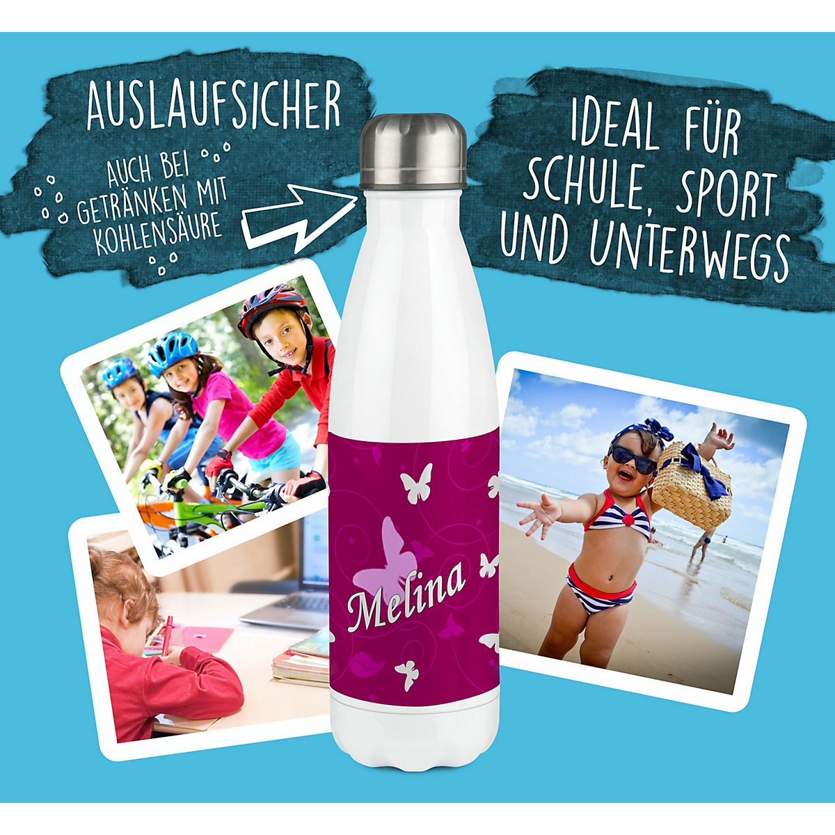 Edelstahl Kinder Thermoflasche / Trinkflasche bunt Schmetterling Ornamente Farbe brombeere Spülmaschinenfest, Auslaufsicher, Bruchfest, Doppelwandig, Für Heißgetränke geeignet, Mit Deckel, Isolier