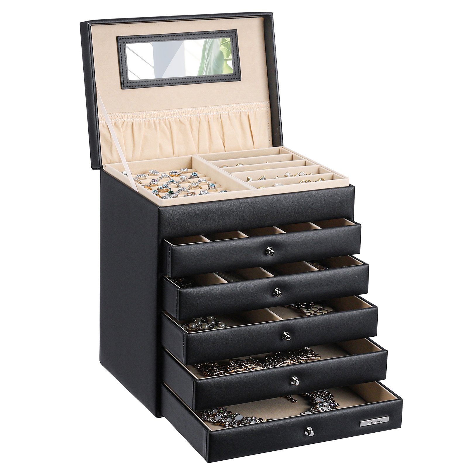 Yorbay Schmuckkasten Schmuckkästchen mit 6 Ebenen, 5 Schubladen (Mit Spiegel), zwei Farben, für Halsketten, Ringe, Armbänder, Ohrringe