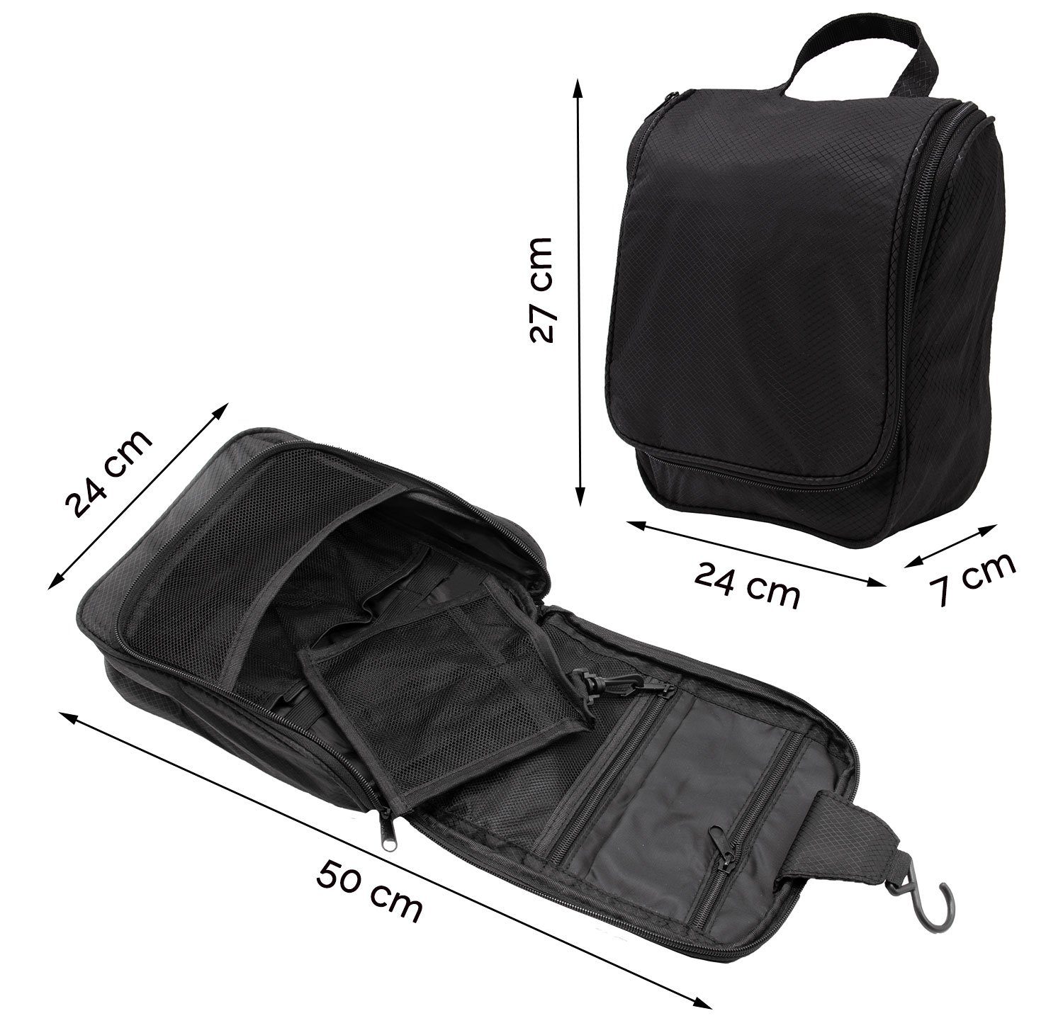 ZOLLNER24 Kulturbeutel, Aufhängehaken, 100% Polyester, 24x21x7 cm, wasserabweisend, 2-Wege-Reißverschluss