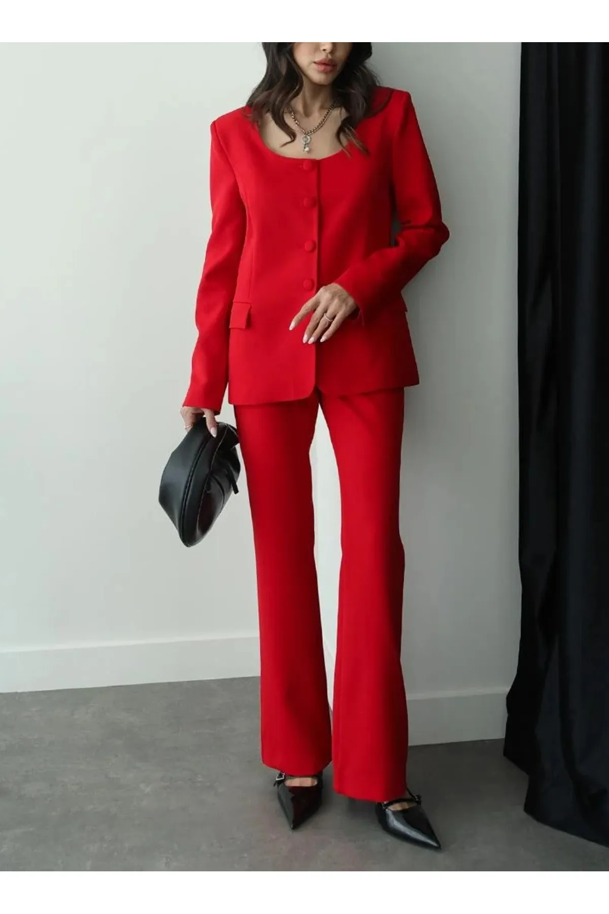 My Blog  Rotes Premium-Jacken-Hose-Set mit rundem Kragen