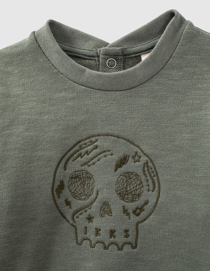 Sweat kaki clair brodé skull en molleton bio bébé