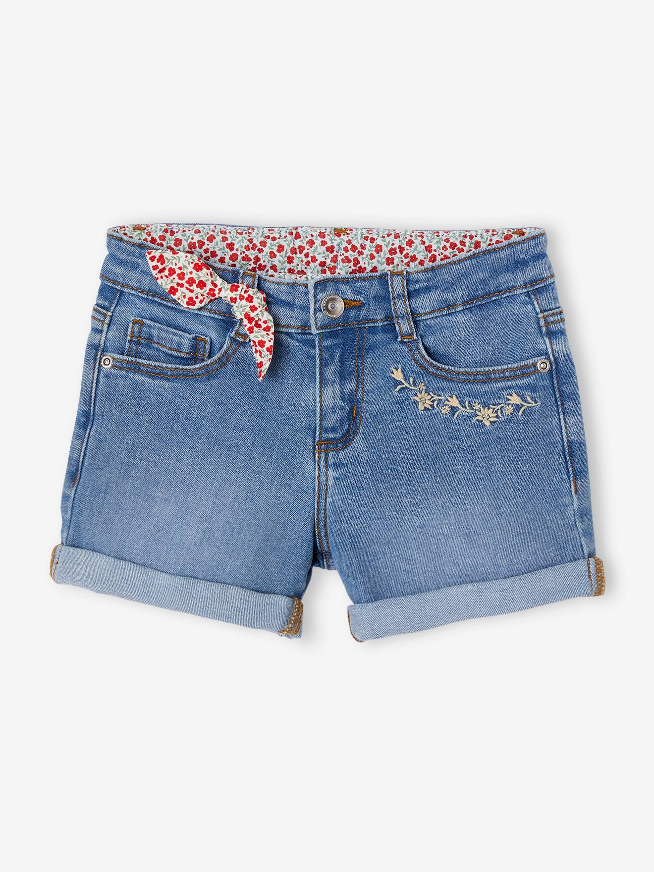 Short en jean brodé fille avec noeud imprimé fleurs stone