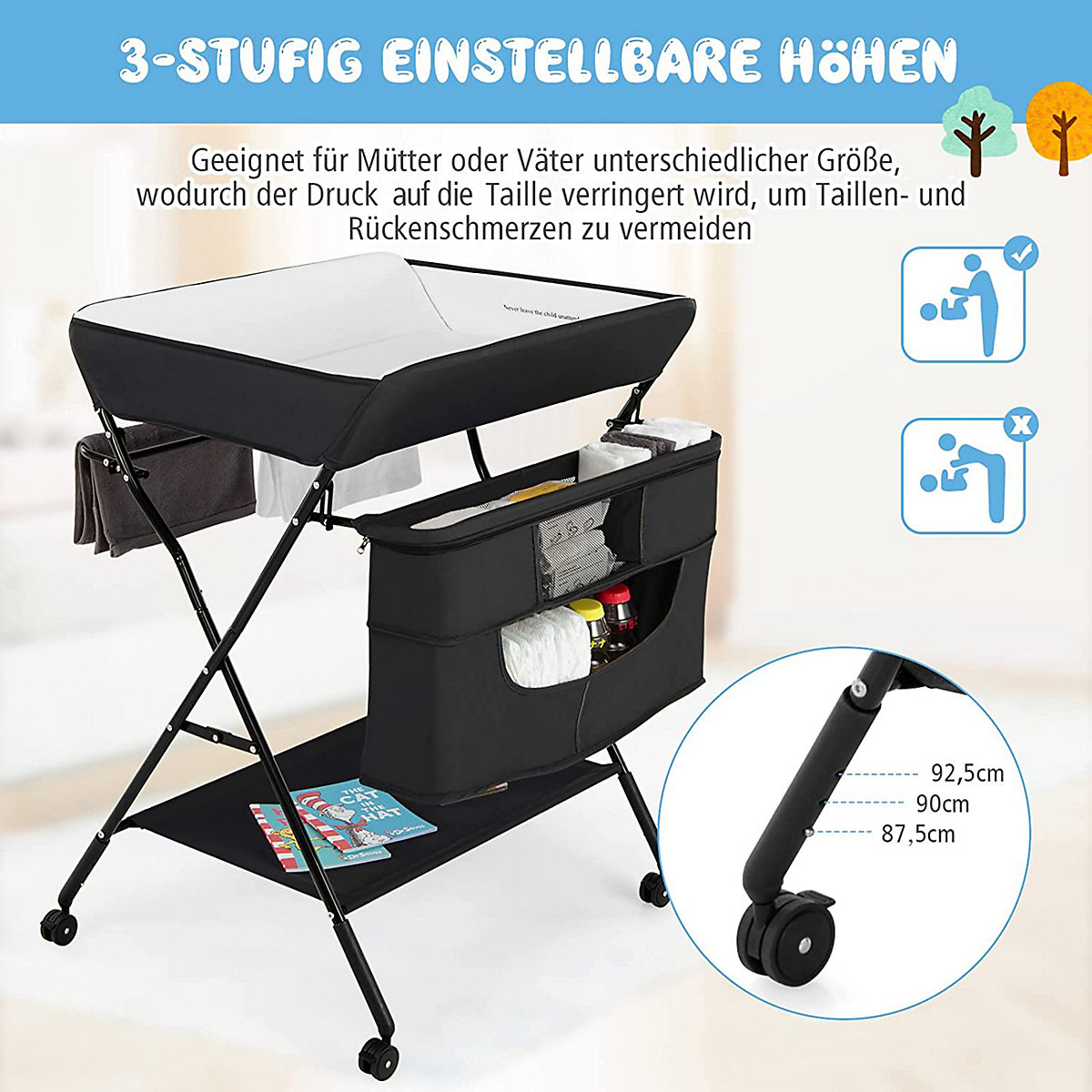 Wickeltisch 4-in-1 Höhenverstellar Klappbar mit Rädern