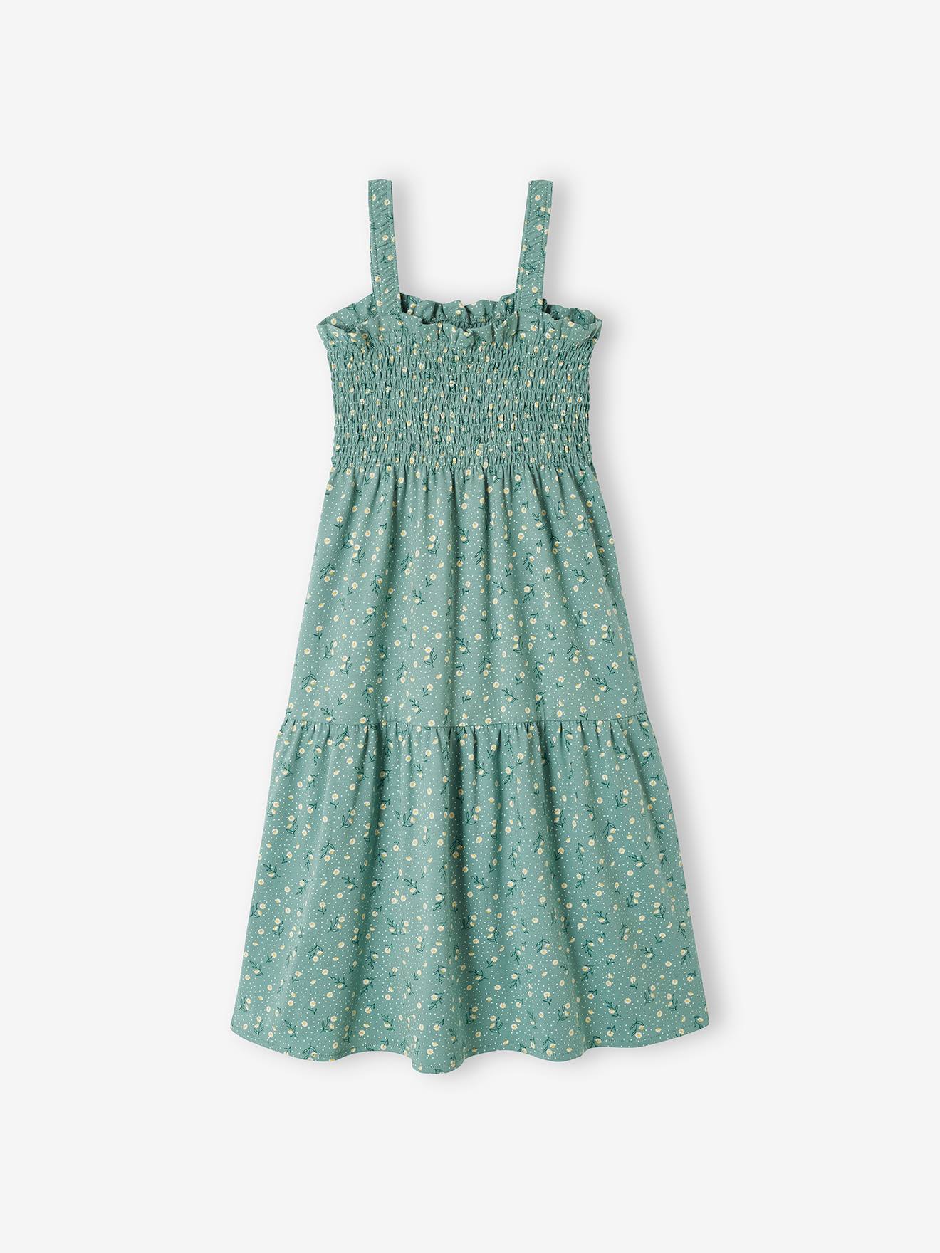 Robe smockée à bretelles motifs fleurs fille vert émeraude