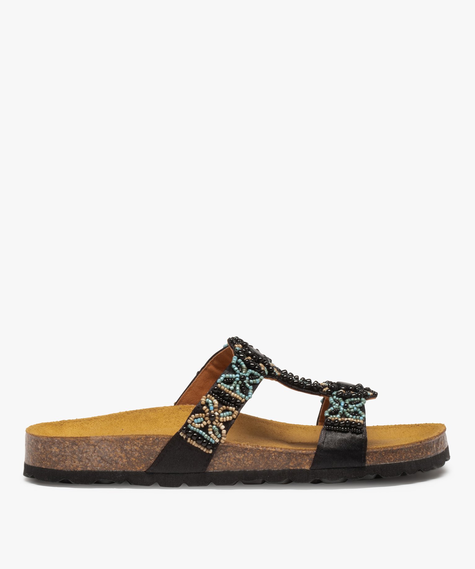 Mules femme avec brides ornées de perles de rocaille noir | GEMO