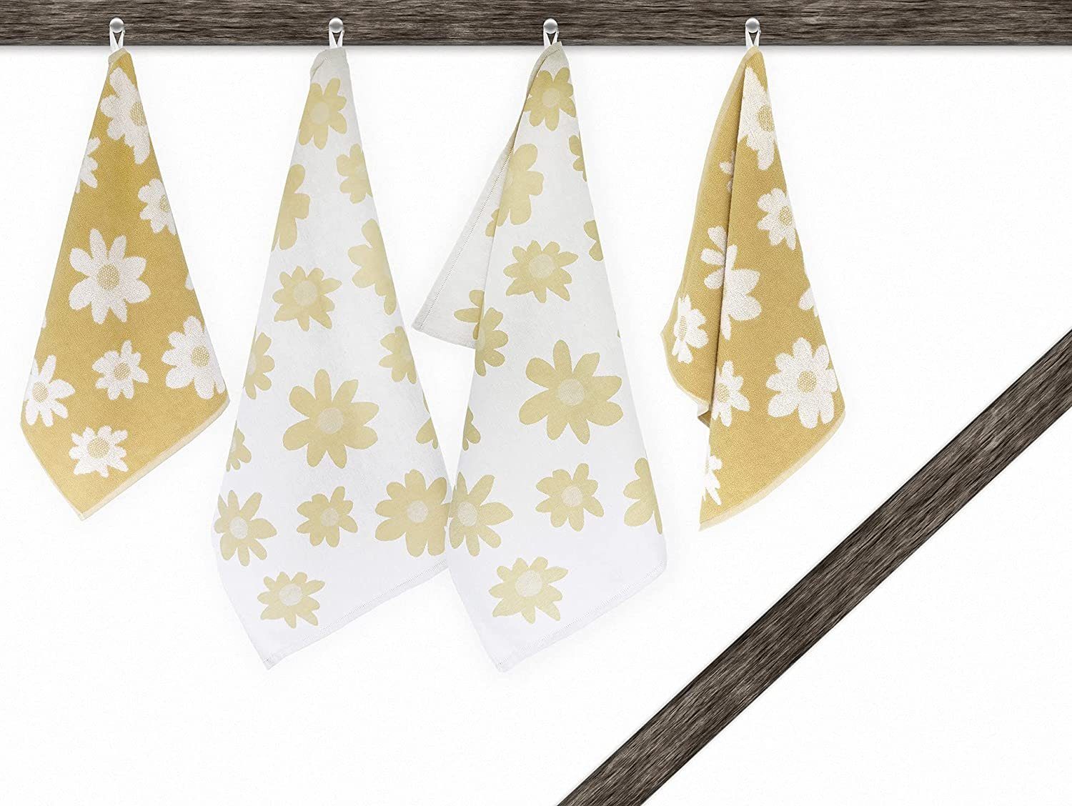 Lashuma Handtuch Set Blumen, Frottee, (4-tlg), 2x Geschirrhandtücher 50x70 cm - 2x Frotteetücher 50x50 cm gelb