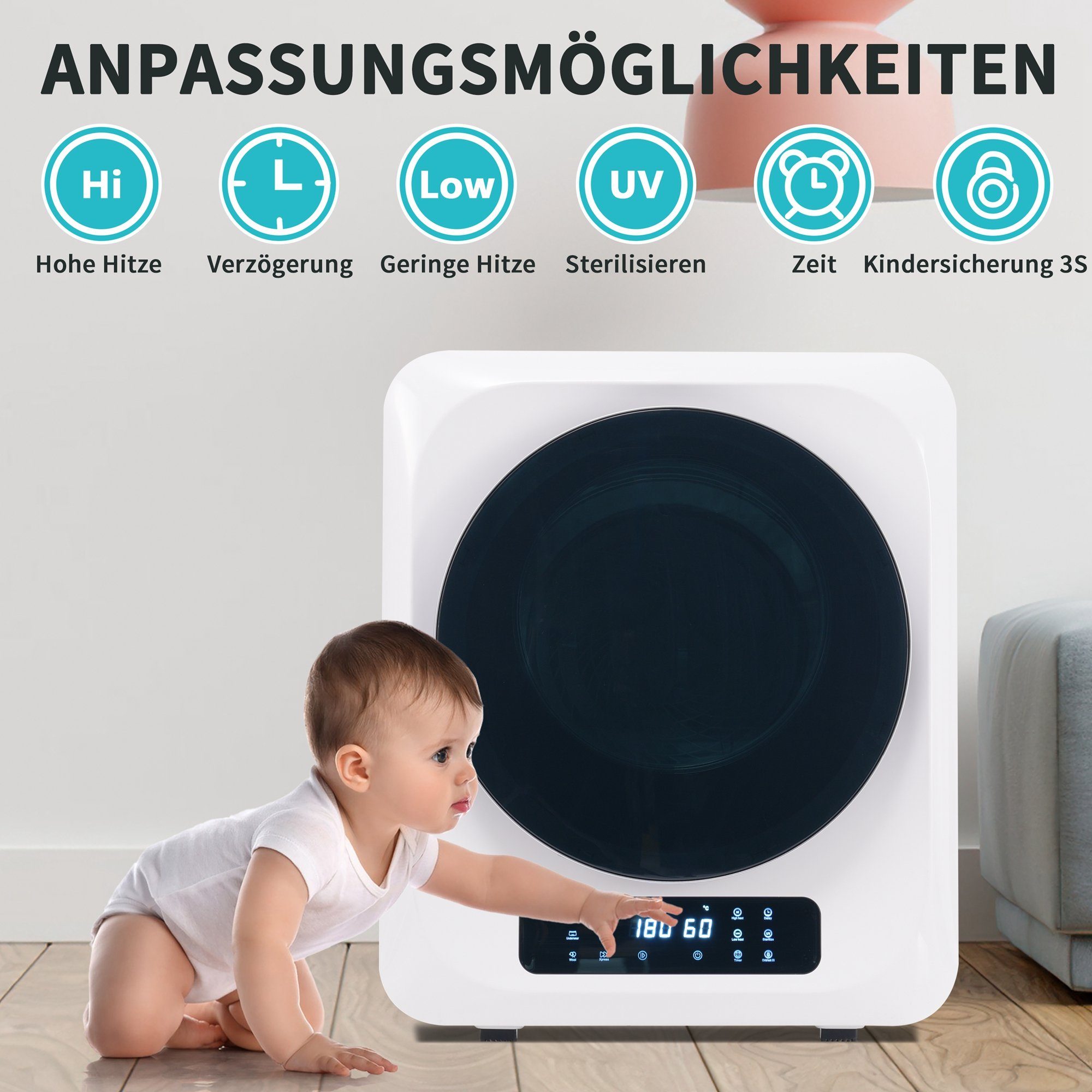 REDOM Ablufttrockner Mini-Wäschetrockner freistehend/hängend Mit UV-Sterilisation und LED-Display, 2.5 kg, Belüfteter Wäschetrockner mit Timer und 6 Programme