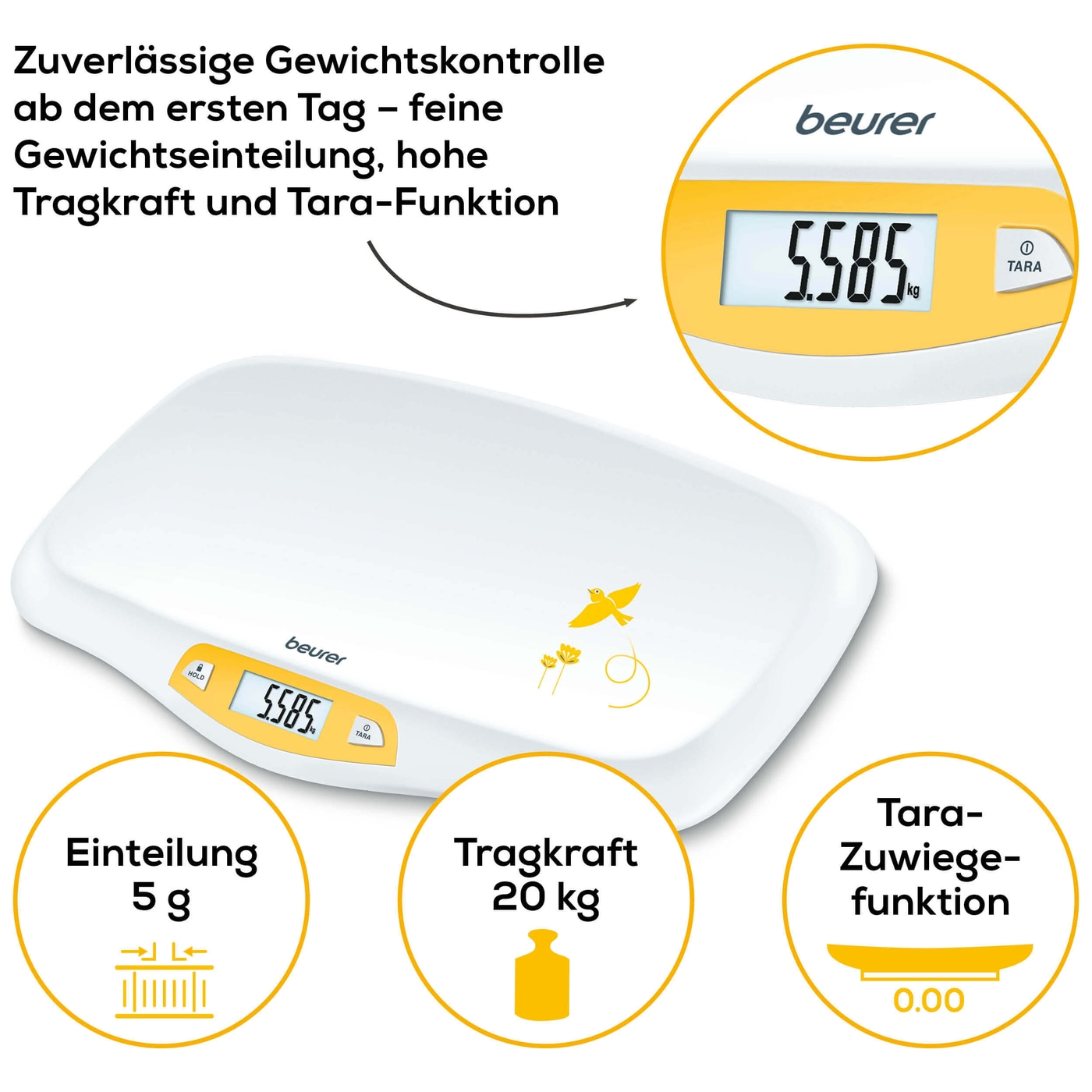 Beurer Babywaage - BY 80-Babywaage mit Hold-Funktion für genaues Wiegen trotz Bewegungen