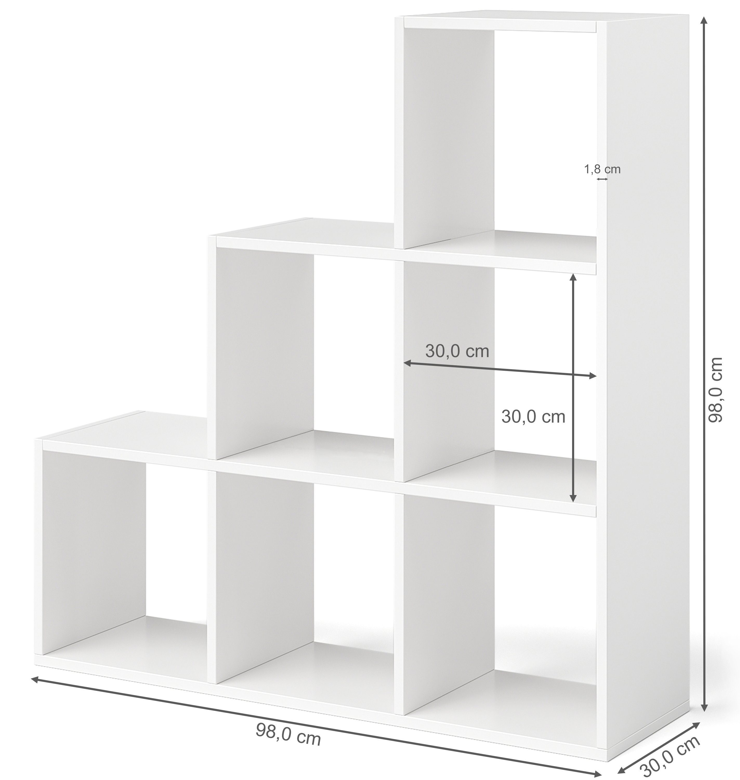 Bellamio Bücherregal Aras Raumteiler, Treppenregal, Würfelregal, 6 Ablagefächer, viel Stauraum