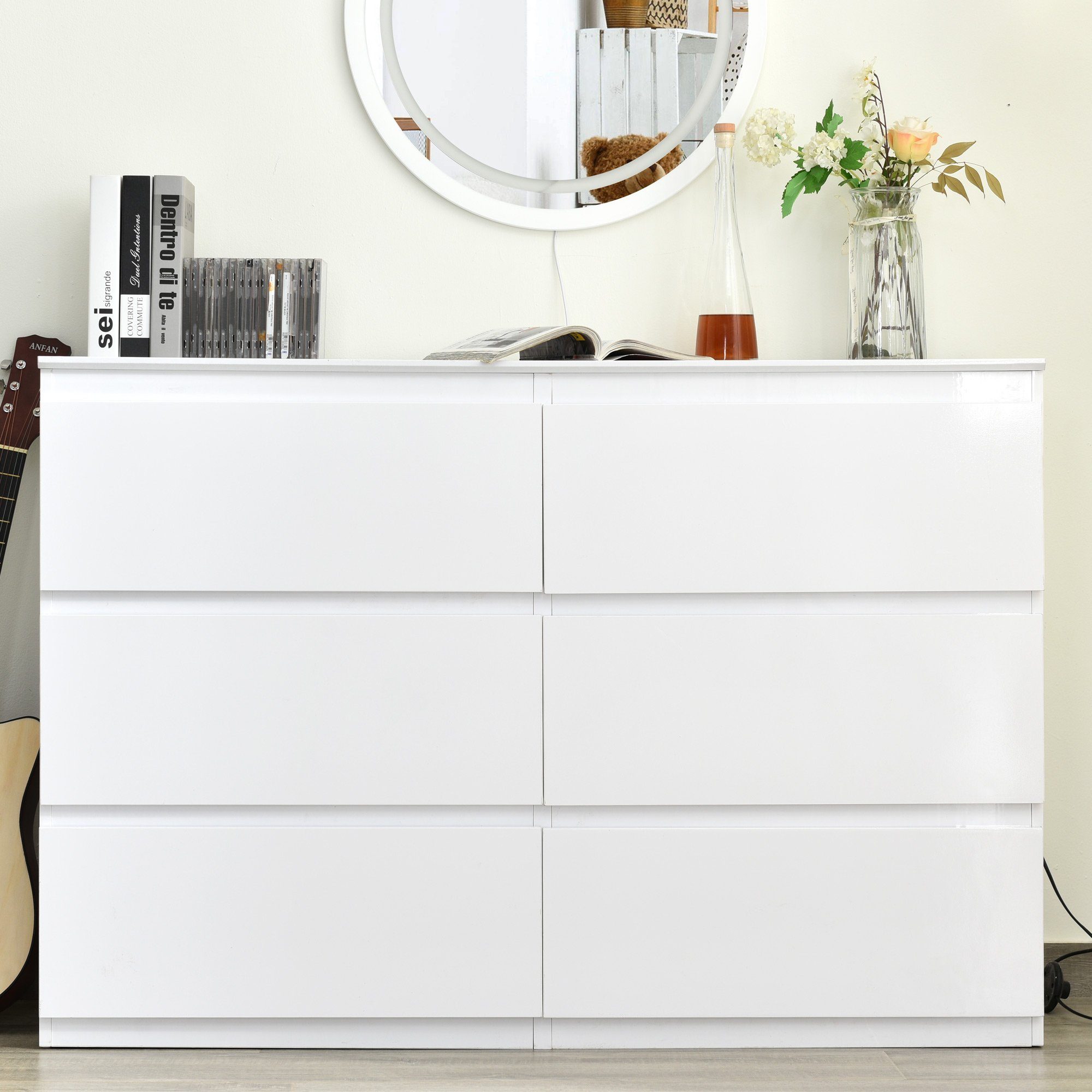 OKWISH Sideboard Schubladenkommode (Kommode mit 6 Schubladen 130CM, Weiß -B130/T40 /H88cm), Highboard Weiss Sideboard für Schlafzimmer & alle Wohnräume