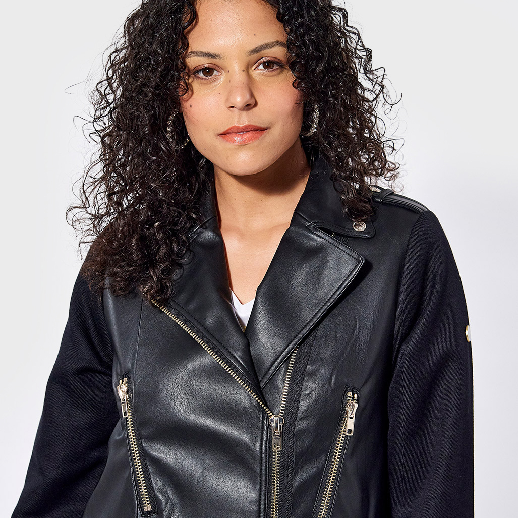 TAM  Manteau régular noir Femme bi matière