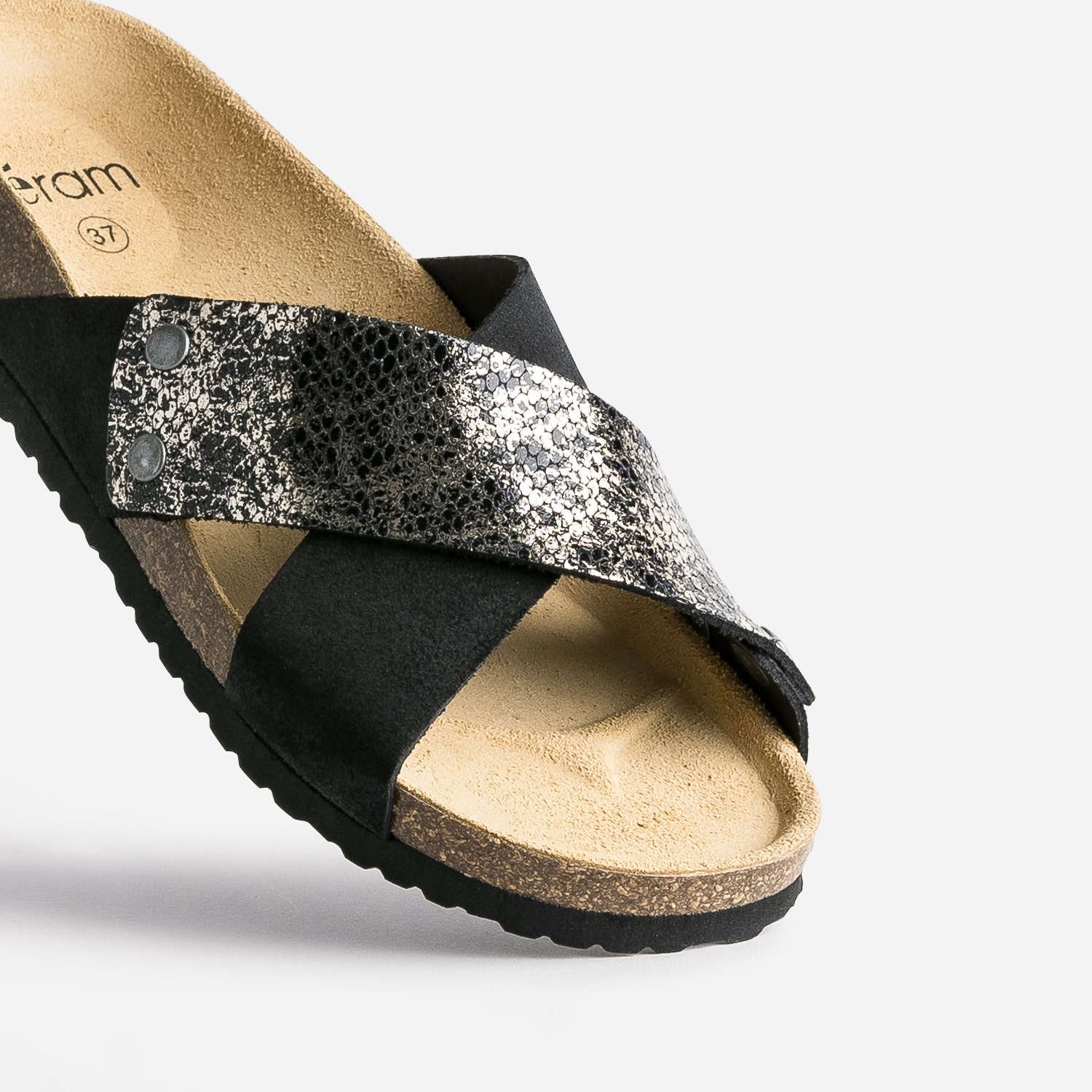 Brides amovibles noires en cuir effet python doré